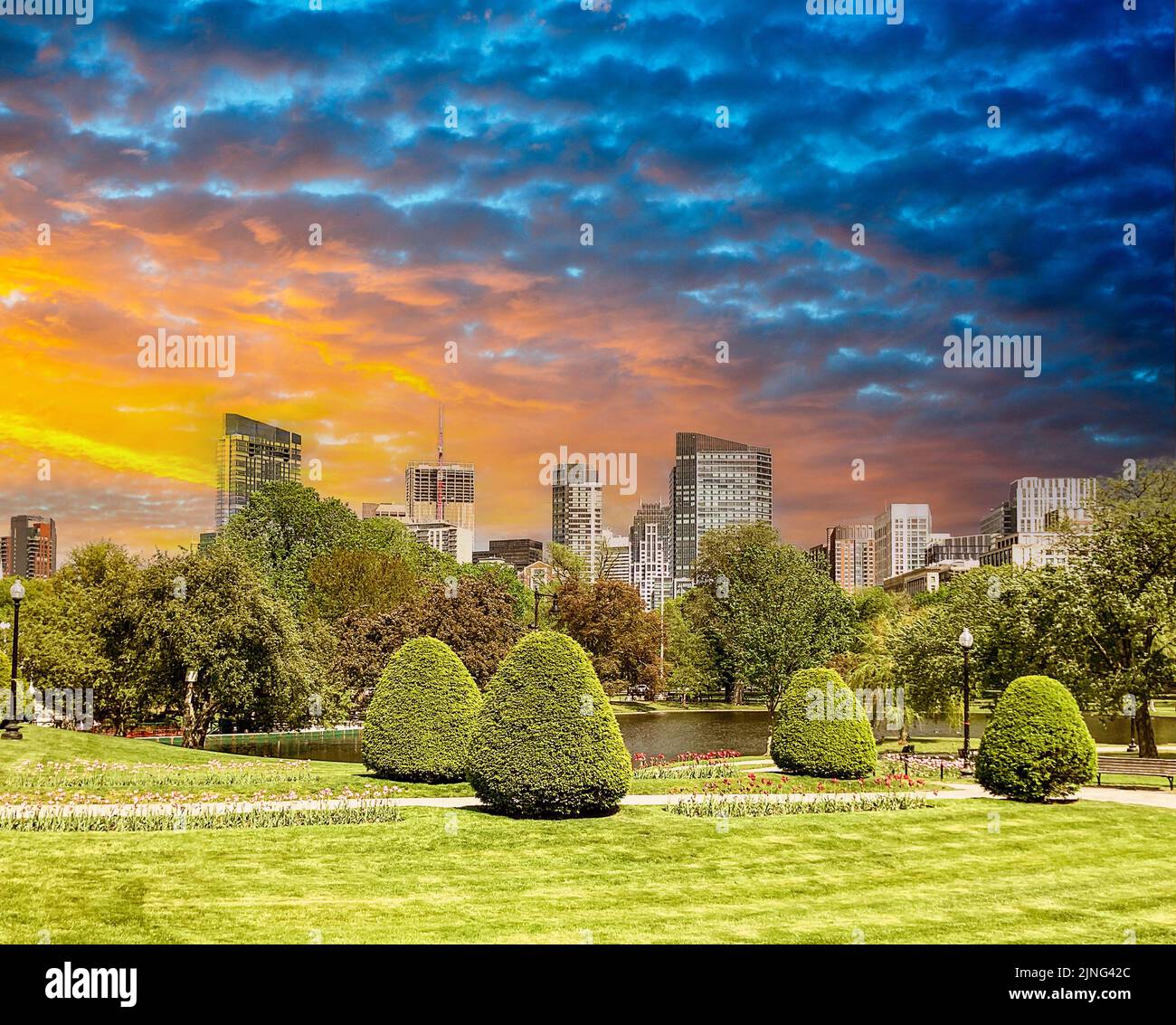 Boston Skyline at Public Garden in Boston, Massachusetts Stock Photo