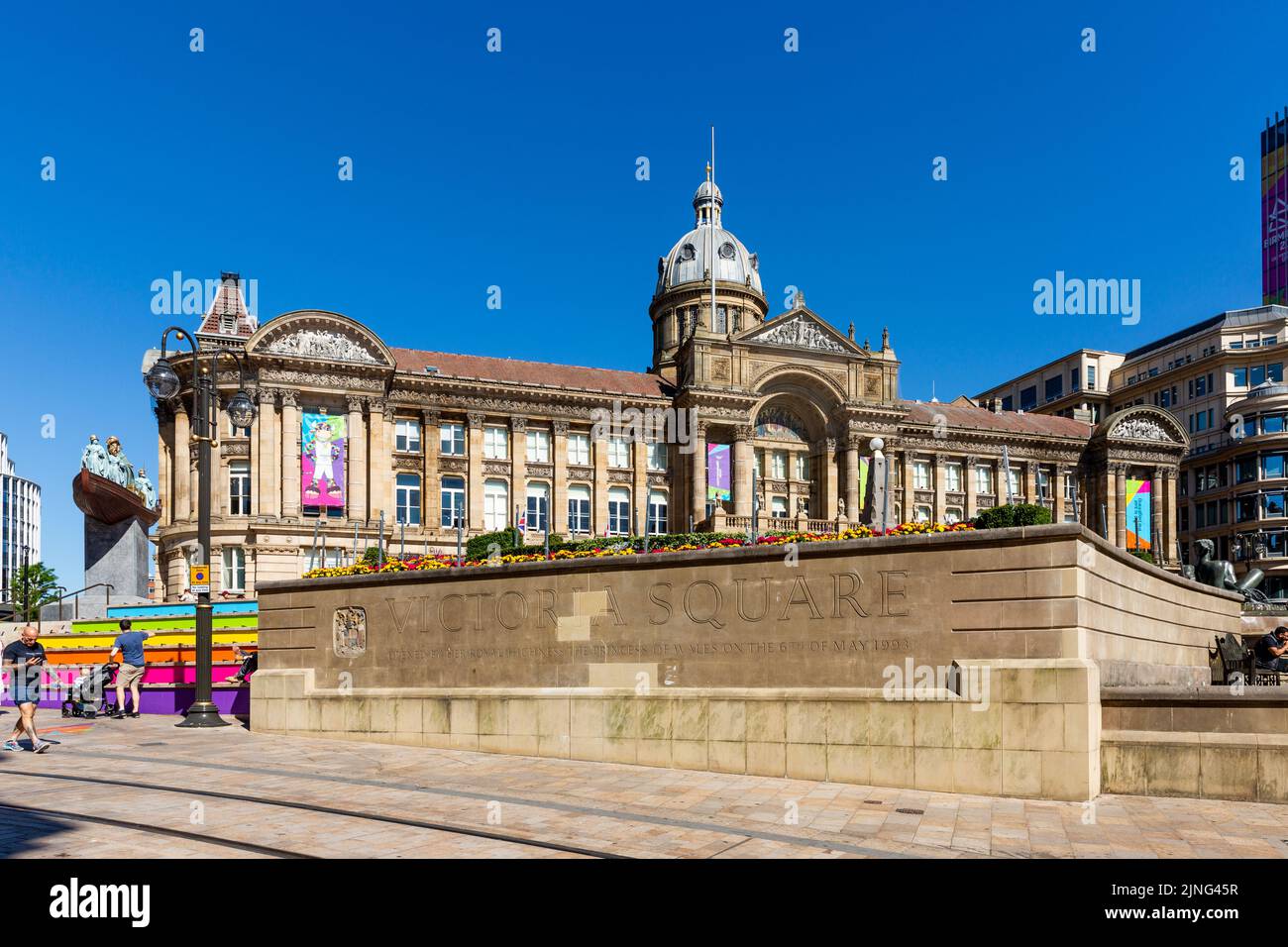 BIRMINGHAM, UK - AUGUST 11, 2022.  A landscape view of Victoria Square in Birmingham city centre with The Council House and sign prominent Stock Photo