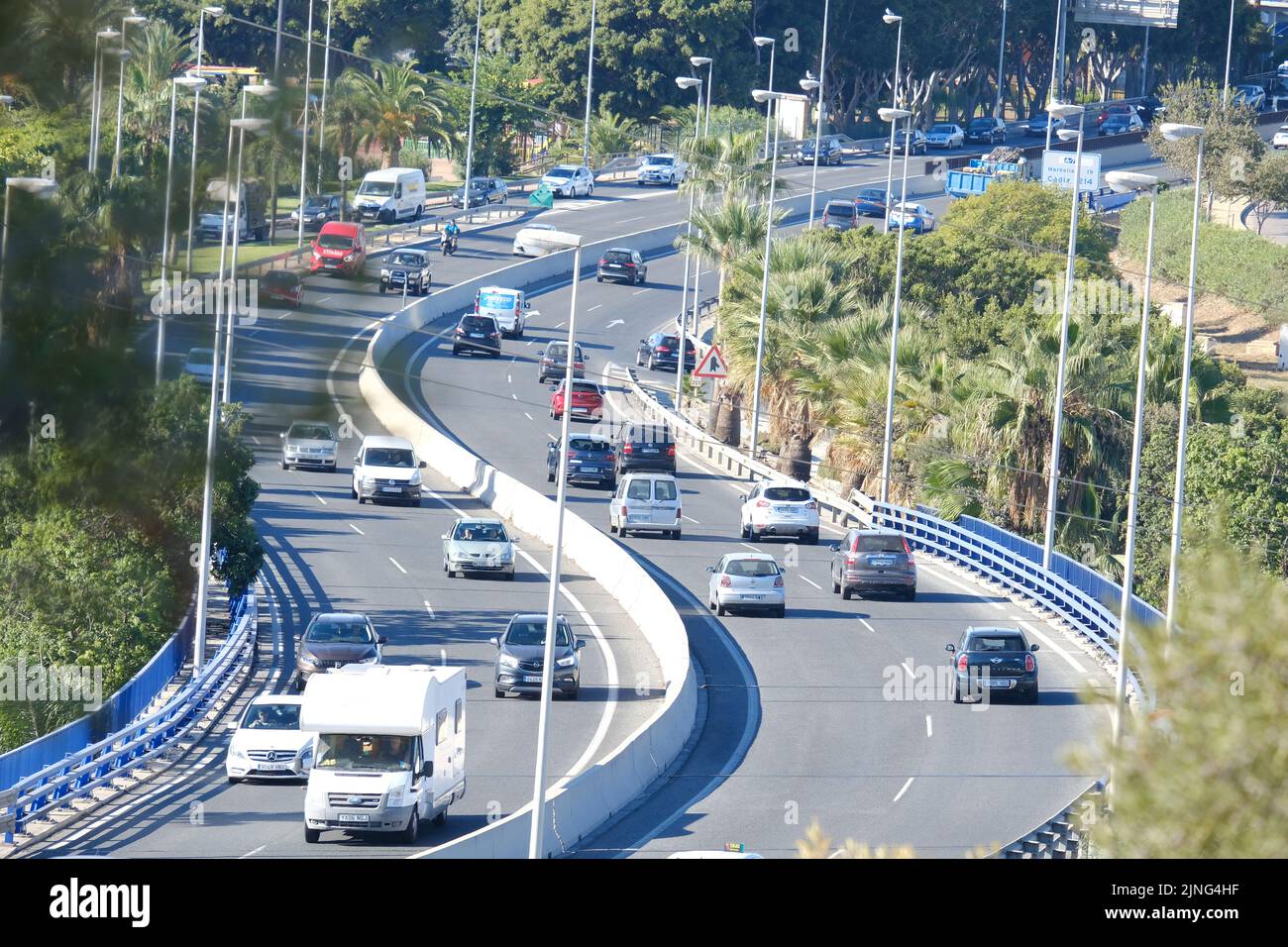 Malaga, October 5, 2021, heavy traffic on the curves of the A7 coast road Stock Photo