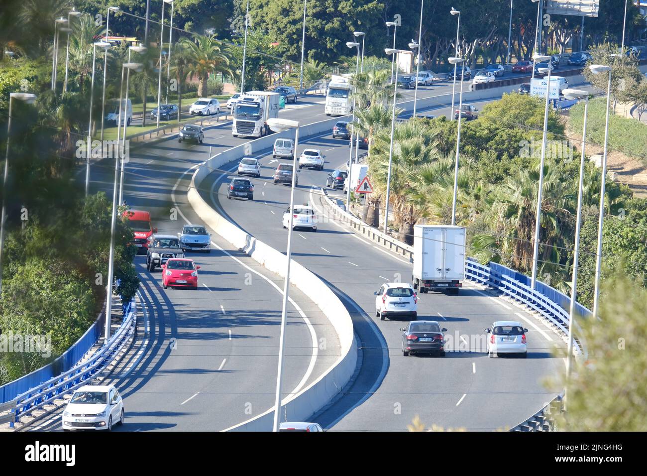 Malaga, October 5, 2021, heavy traffic on the curves of the A7 coast road Stock Photo