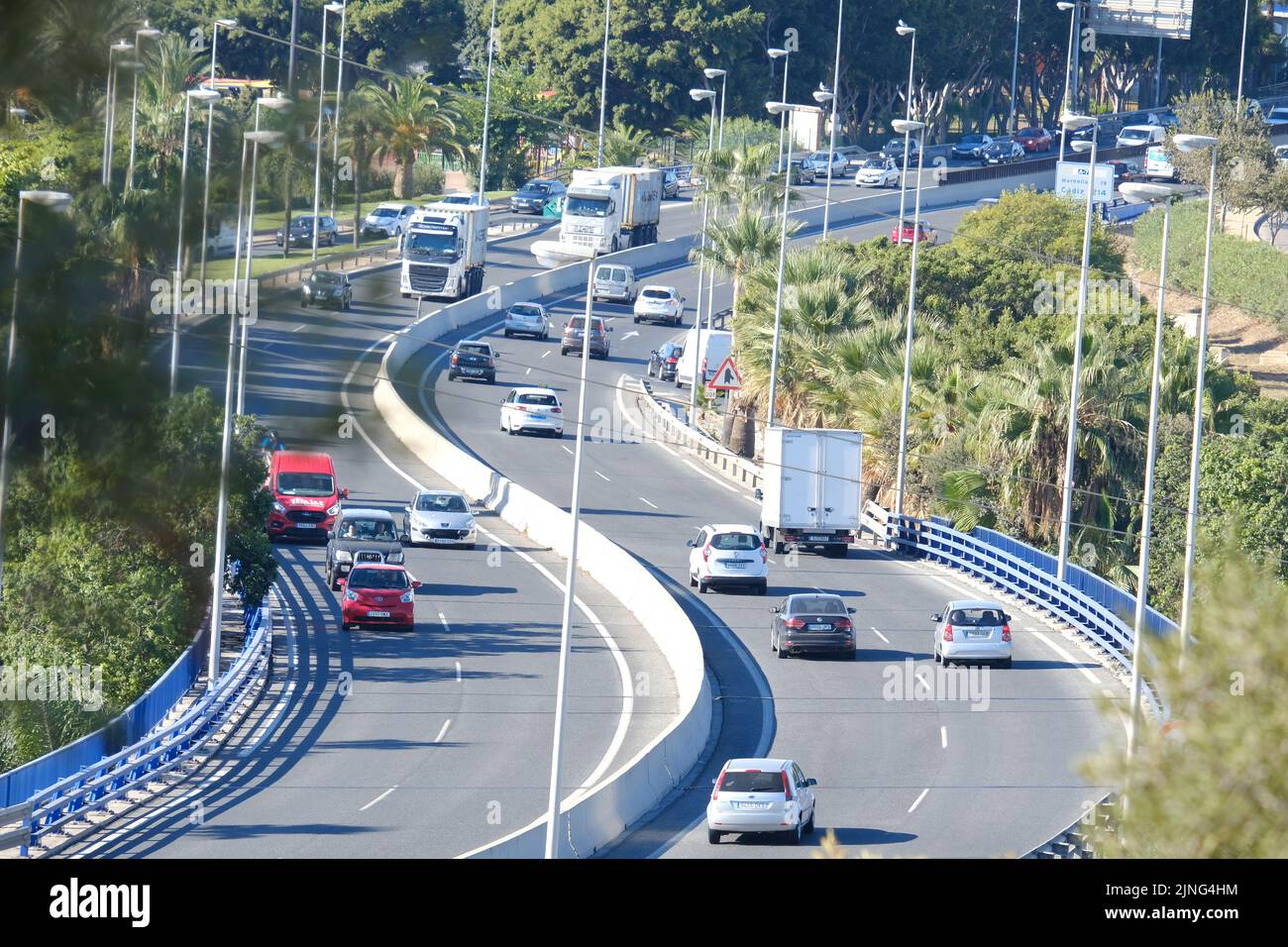 Malaga, October 5, 2021, heavy traffic on the curves of the A7 coast road Stock Photo