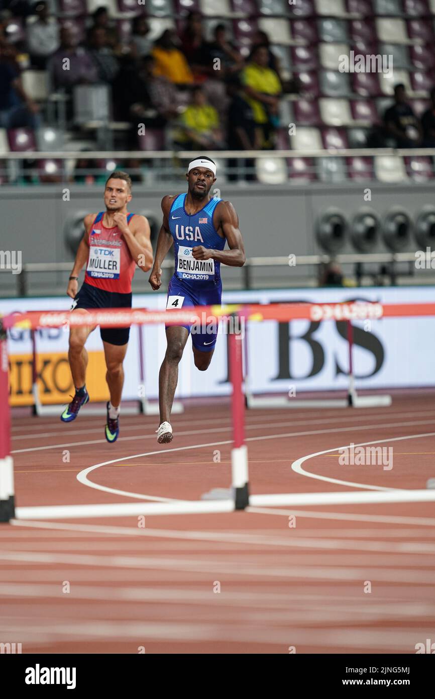 Rai Benjamin participating in the 400m hurdles at the Doha 2019 World ...