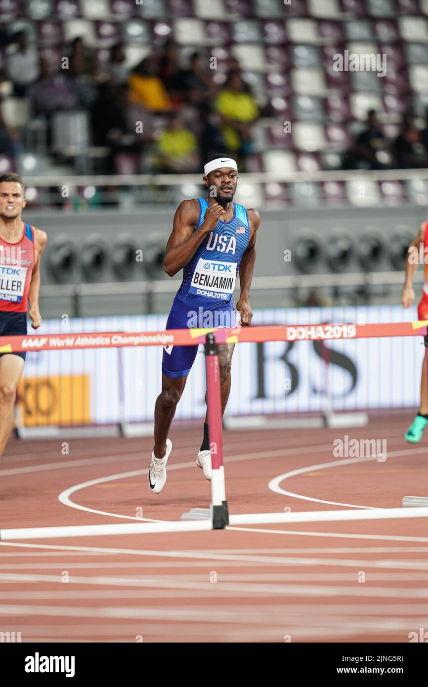 Rai Benjamin participating in the 400m hurdles at the Doha 2019 World