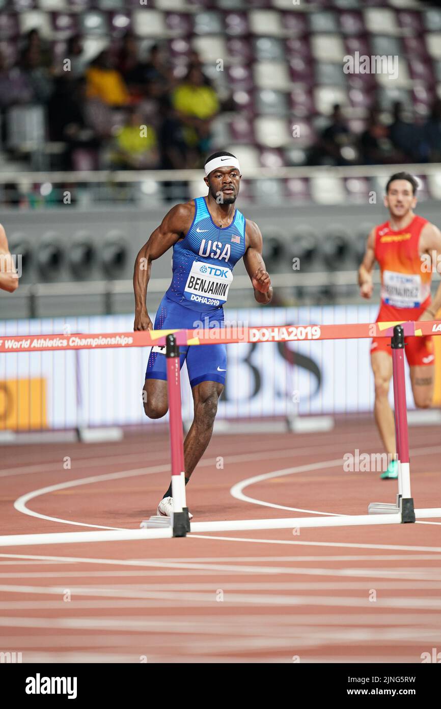Rai Benjamin participating in the 400m hurdles at the Doha 2019 World
