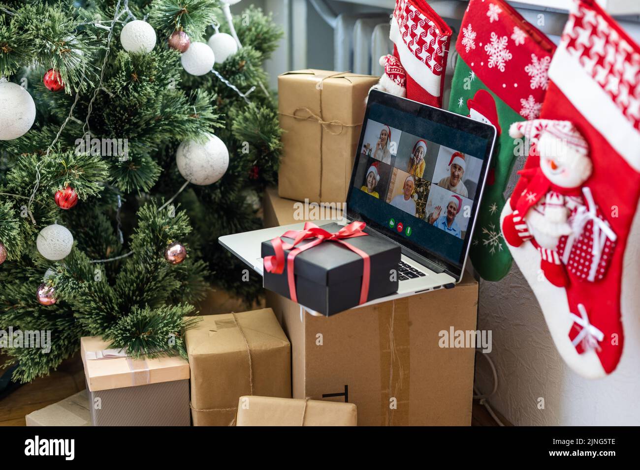 Virtual Christmas day house party. video conferencing, video call via