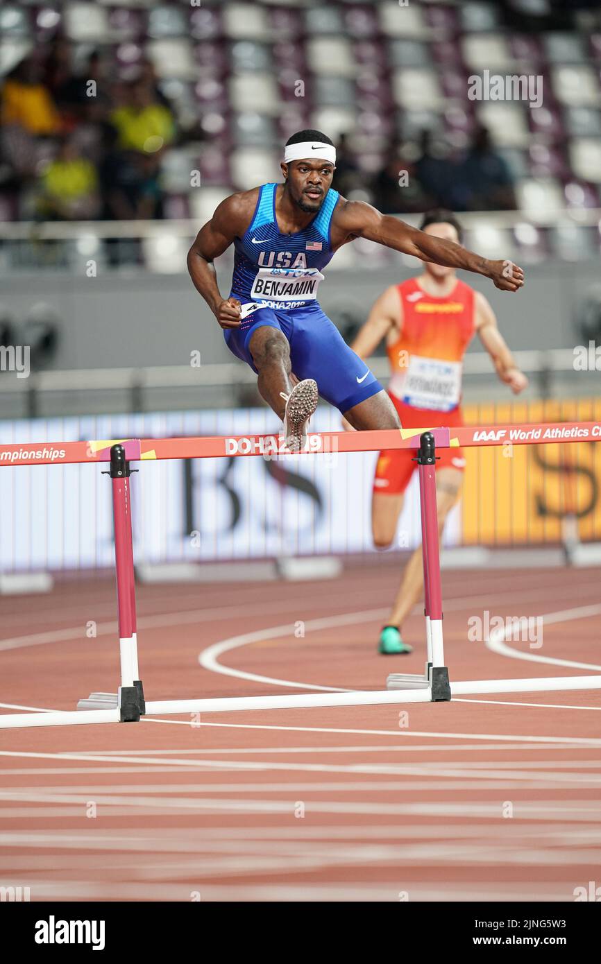 Rai Benjamin participating in the 400m hurdles at the Doha 2019 World ...