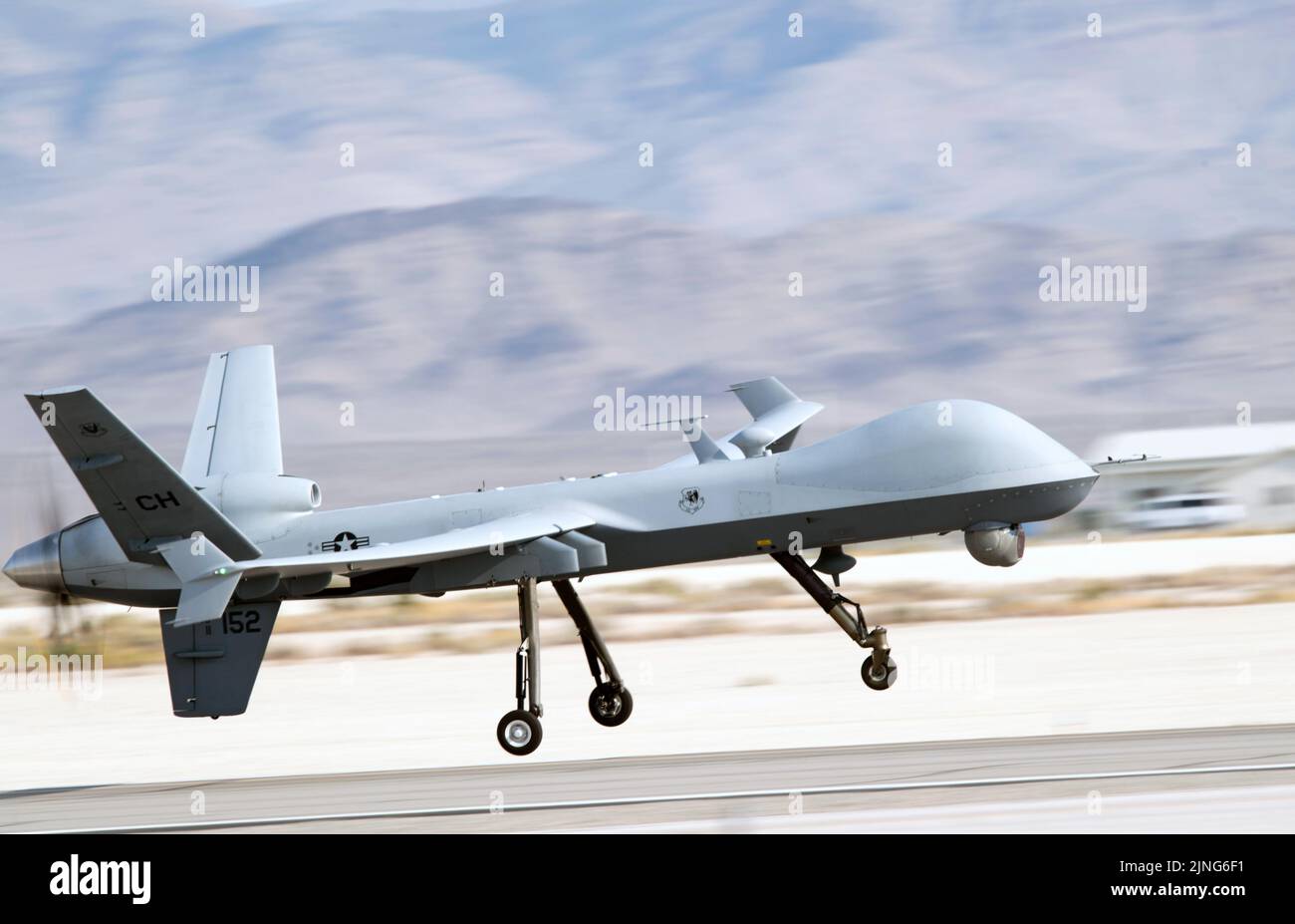 A U.S. Air Force MQ-9 Reaper drone assigned to the 432nd Air Expeditionary Wing, takes off from Creech Air Force Base, September 1, 2021 in Indian Springs, Nevada. Credit: Planetpix/Alamy Live News Stock Photo