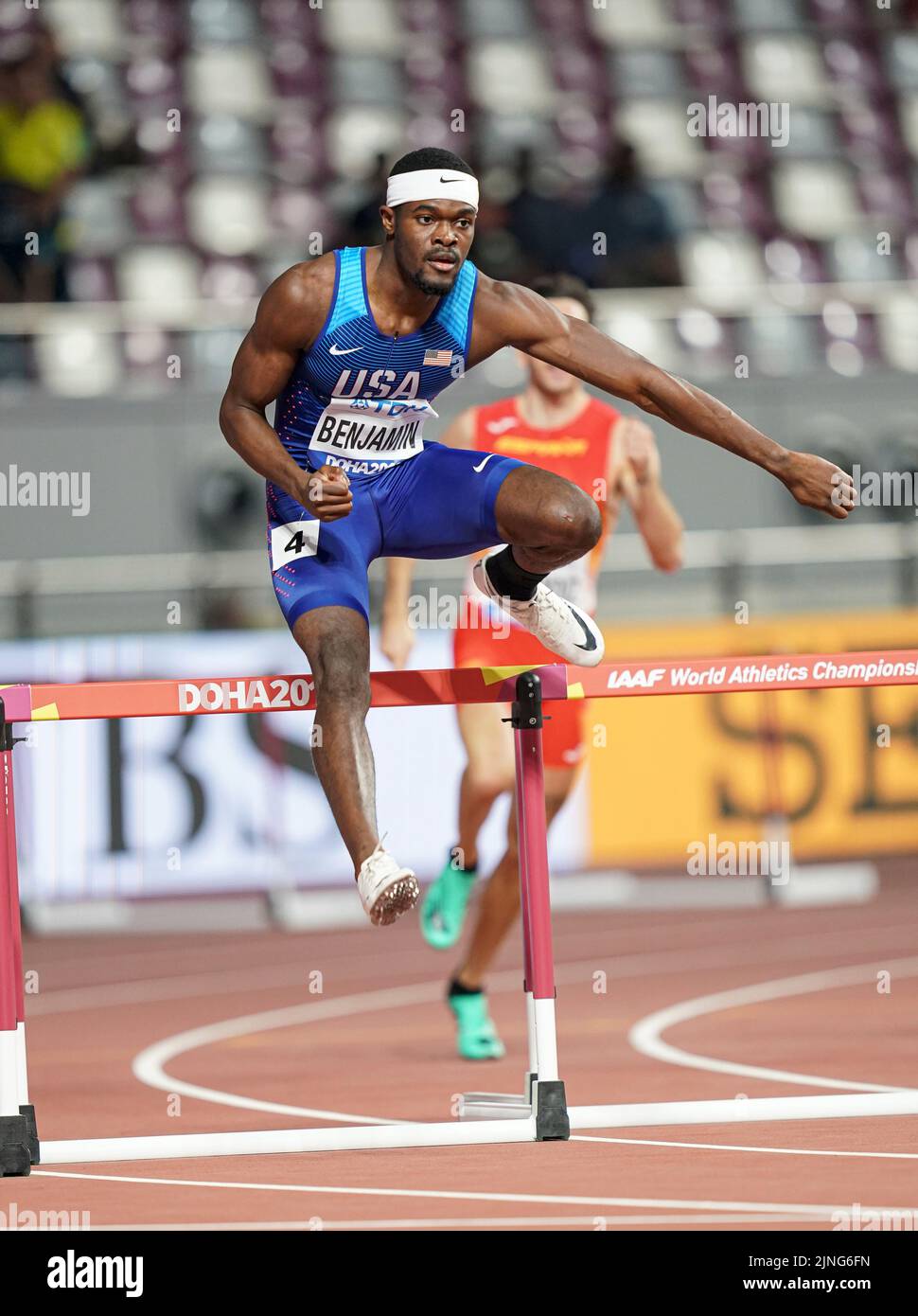 Rai Benjamin participating in the 400m hurdles at the Doha 2019 World ...