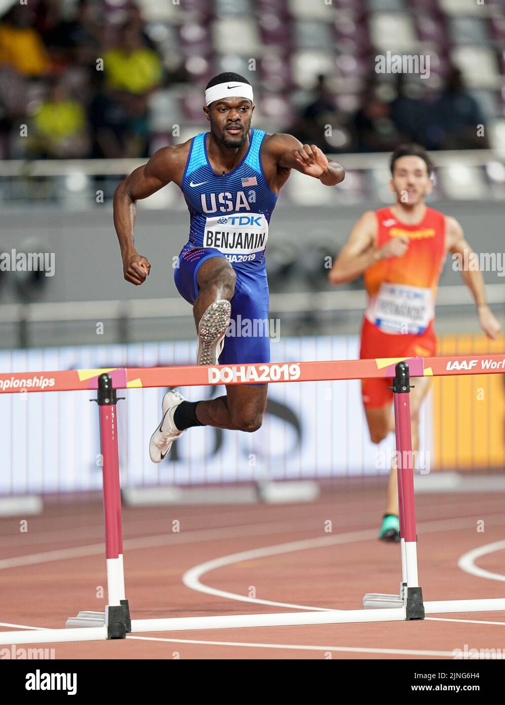 Rai Benjamin participating in the 400m hurdles at the Doha 2019 World Rai Benjamin participating in the 400m hurdles at the Doha 2019 World