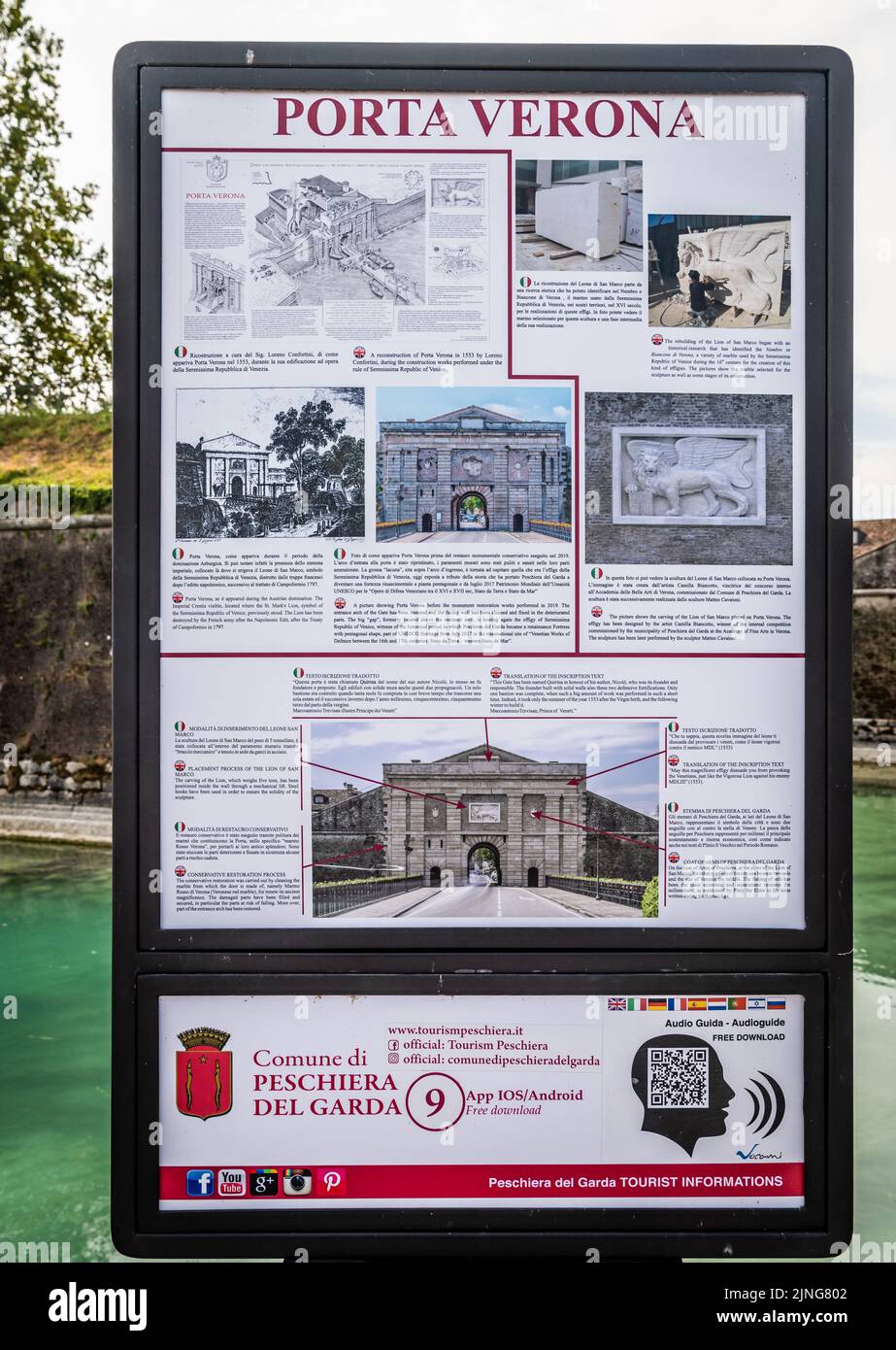 local information map display of Porta Verona. Peschiera del Garda. Verona province, Veneto, Italy, Europe Stock Photo