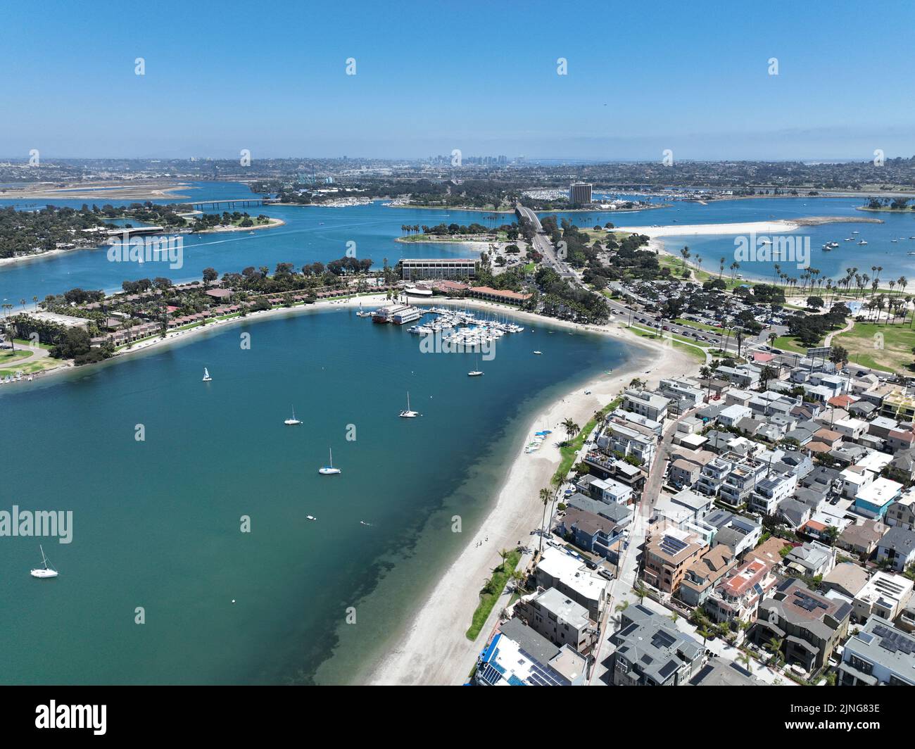 Aerial view of boats and kayaks in Mission Bay in San Diego, California. USA. Famous tourist