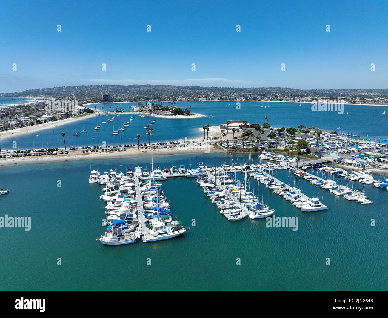 Aerial view of boats and kayaks in Mission Bay in San Diego, California. USA. Famous tourist