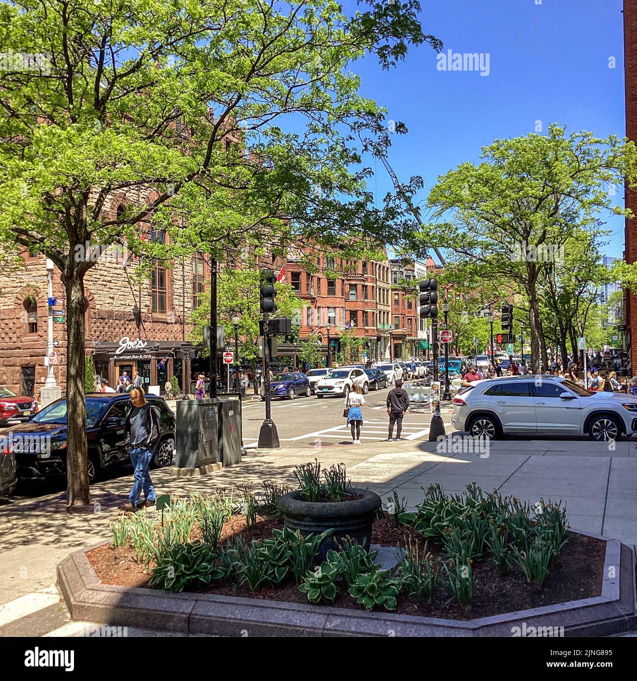 Young people in Back Bay on Newbury Street in Boston, Massachusetts