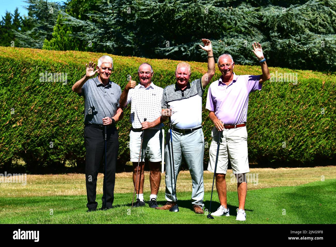 Bristol, UK. 08th Aug, 2022. A round of golf at Long Ashton Golf Club, with Bristol City football legends Tom Ritchie and Gerry Sweeney, was one of the prizws on offer at a Cabaret and Auction evening organised by club members, in support of Stand For Ukraine. The winning bid was made by David Whitfield and Mike Price who played and sang at the Event. Picture Shows left to right David Whitfield, Gerry Sweeney, Mike Price, and Tom Ritchey. The Evening Event raised £4,800 for the Charity. PICTURE Credit: Robert Timoney/Alamy Live News Stock Photo