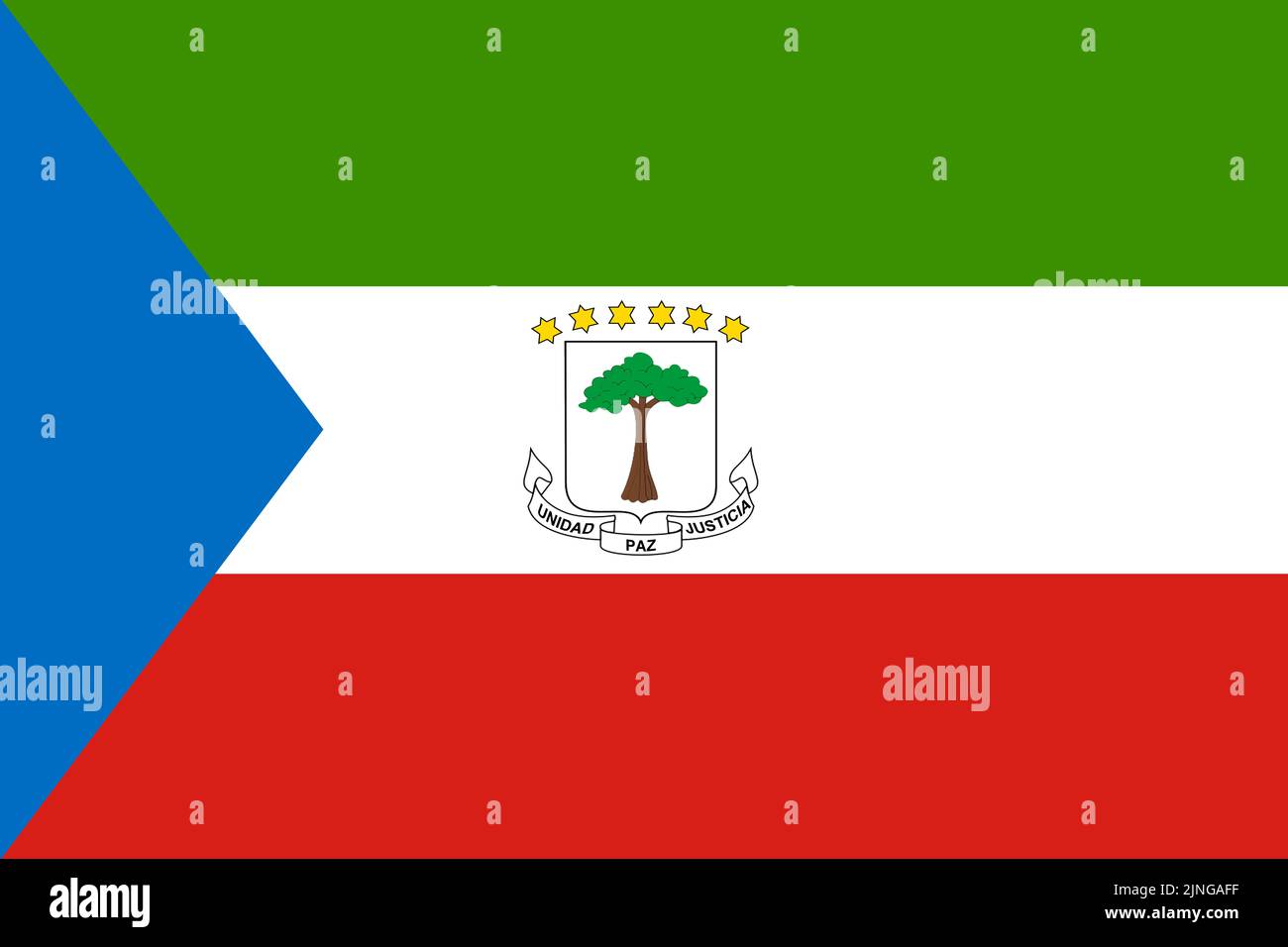 Equatorial Guinea flag illustration blue green white red yellow stars tree Stock Photo