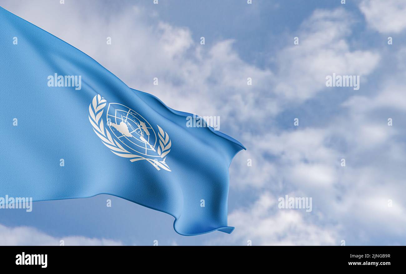 Organization flag  United Nations on the background of clouds, fabric flag United Nations, blue sky background with United Nations flag, 3D work and 3 Stock Photo