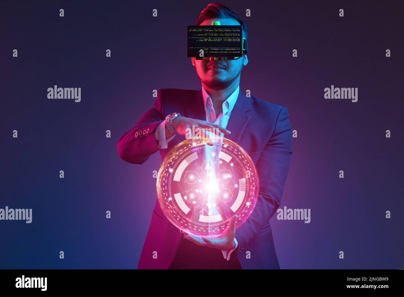 Businessman in vr goggles using futuristic interface Stock Photo