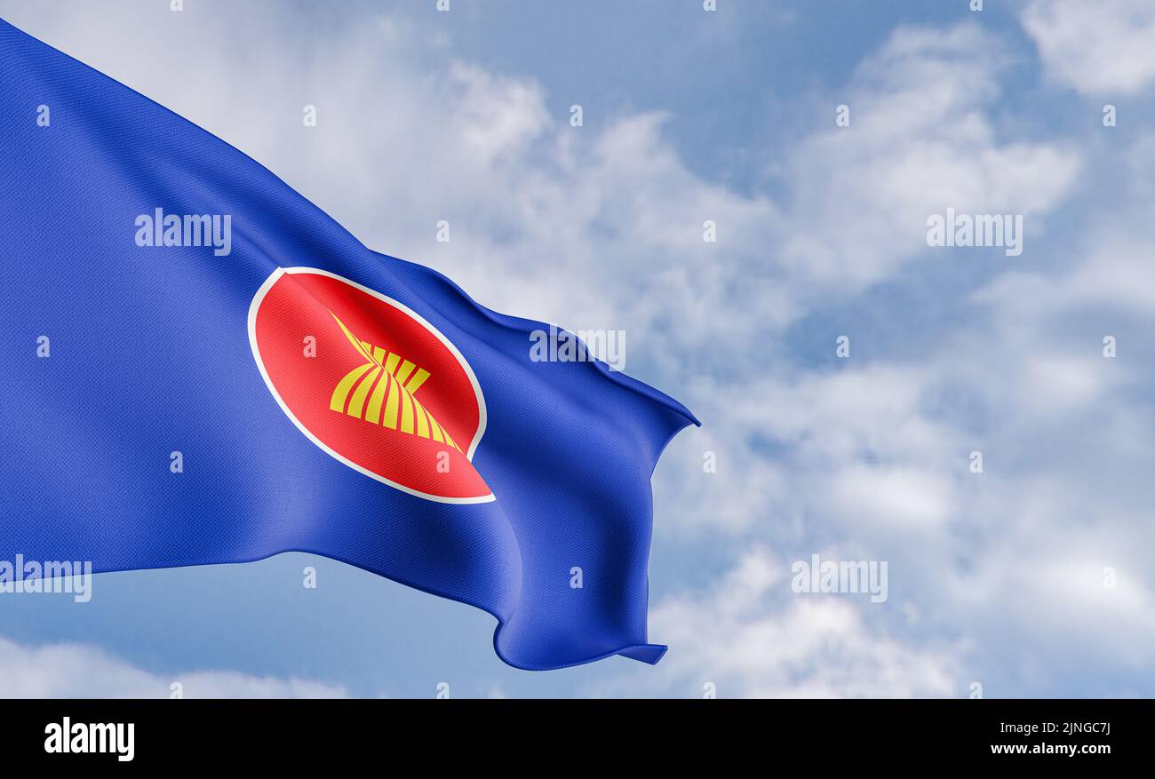 Organization flag  Association of Southeast Asian Nations on the background of clouds, fabric flag AOSAN, blue sky background with AOSAN  flag, 3D wor Stock Photo
