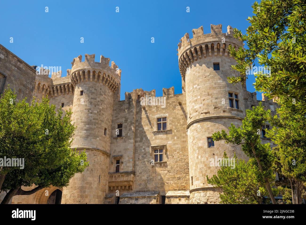 The Kastello, Palace of the Grand Master of the Knights of Rhodes. Main entrance of castle in Rhodes town, Greece, Europe. Stock Photo