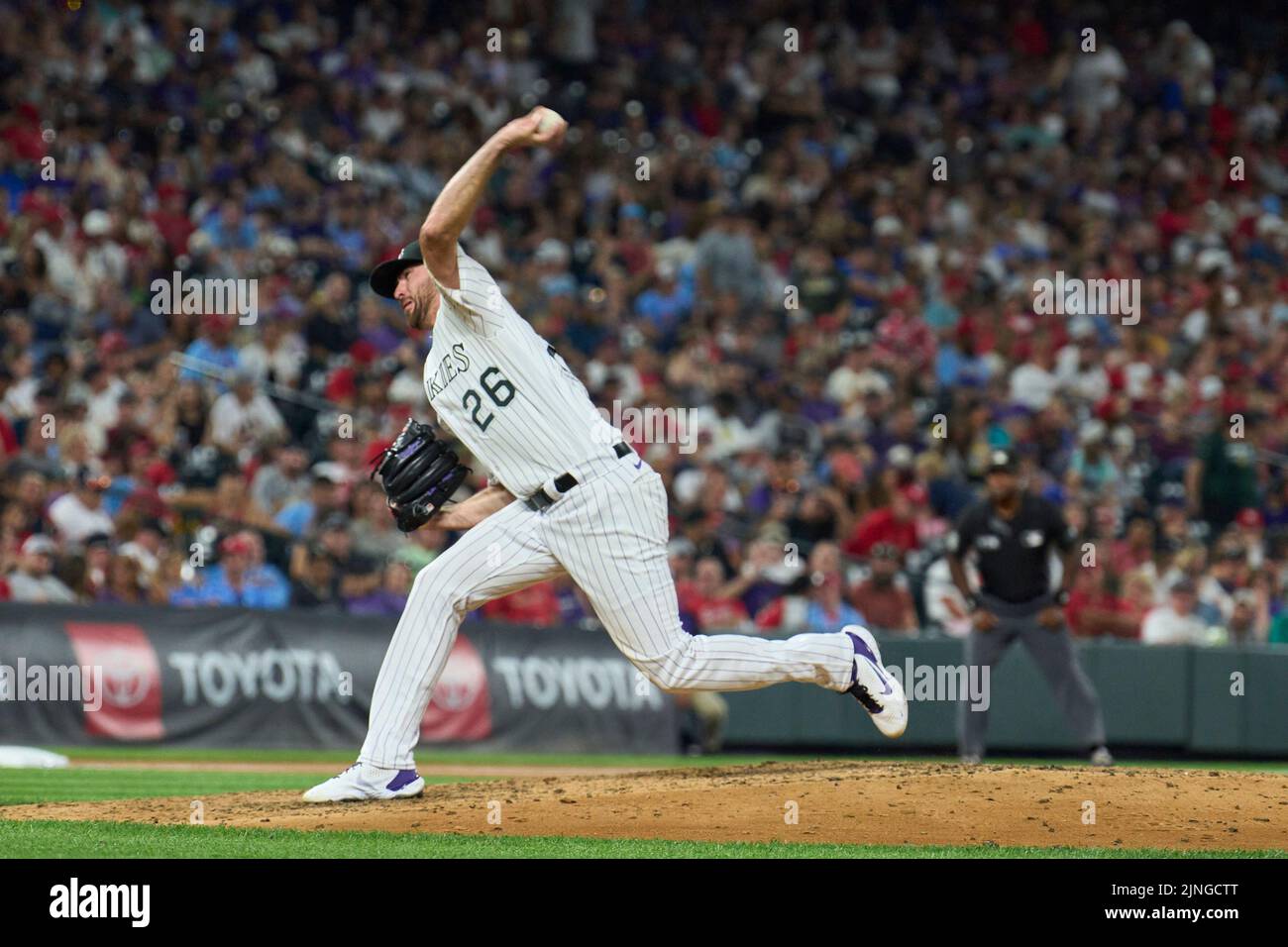 August 10 2022: Colorado pitcher Austin Gomber (26) throws a pitch during the game with Saint Louis Cardinals and Colorado Rockies held at Coors Field in Denver Co. David Seelig/Cal Sport Medi Stock Photo