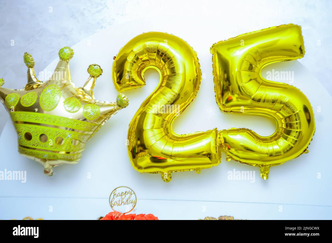 Gold foil balloon number, digit twenty-five. Birthday greeting card with inscription 25. Anniversary celebration event. Banner. Golden numeral, Stock Photo