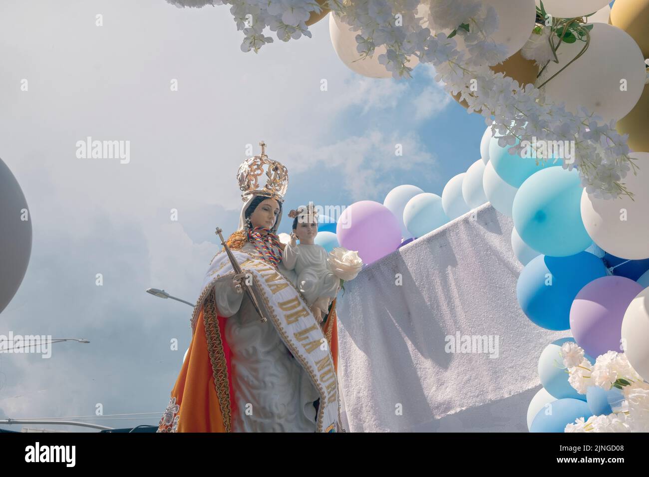 The Virgin of the Cloud from the Blessed Sacrament Church float for the Ecuadorian Parade NYC 2022  in Queens NYC Stock Photo
