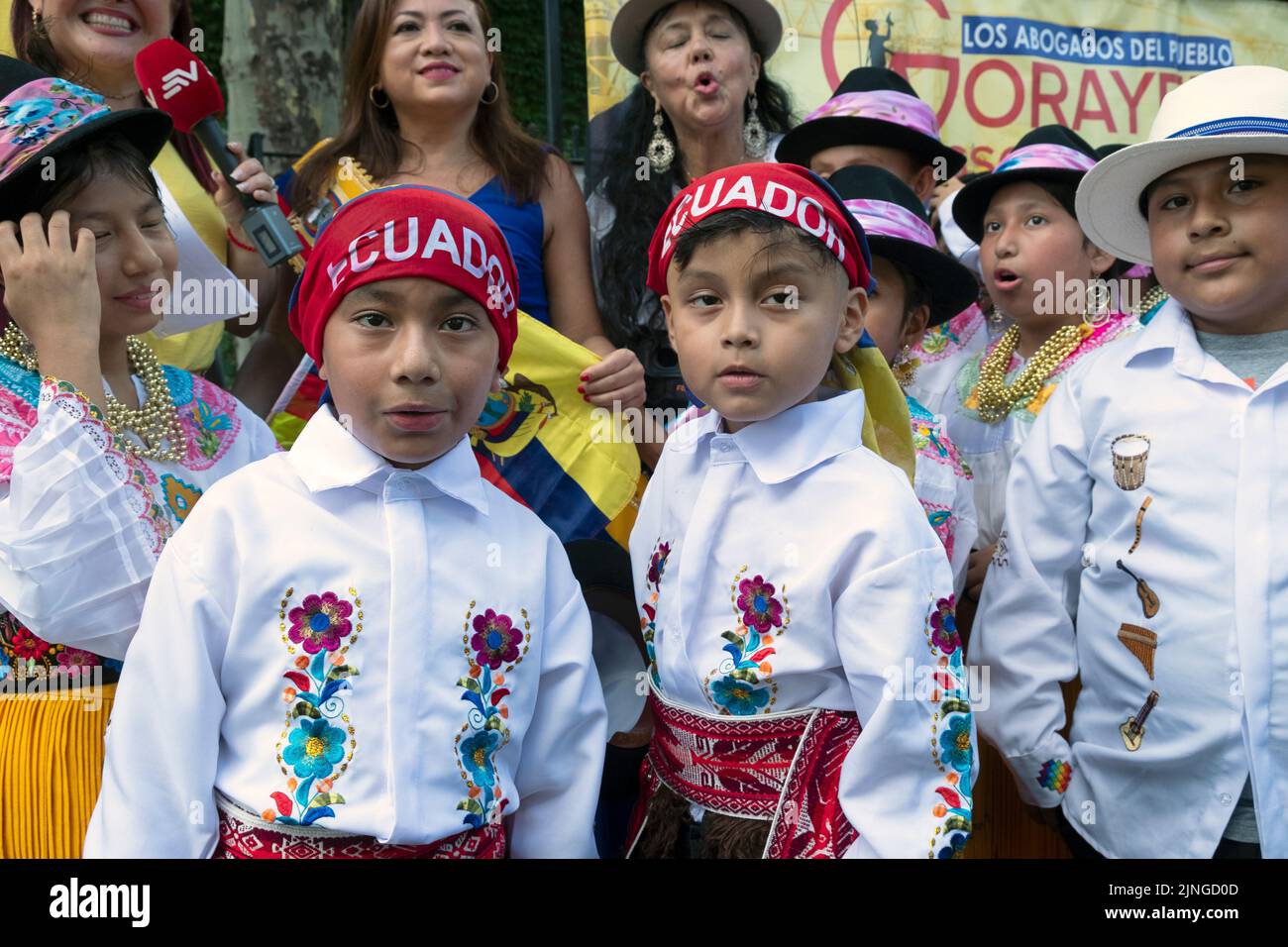 Ecuadorian children in traditional ethnic clothing at the Ecuadorian Parade NYC 2022 in Jackson Heights, Queens, New York City. Stock Photo