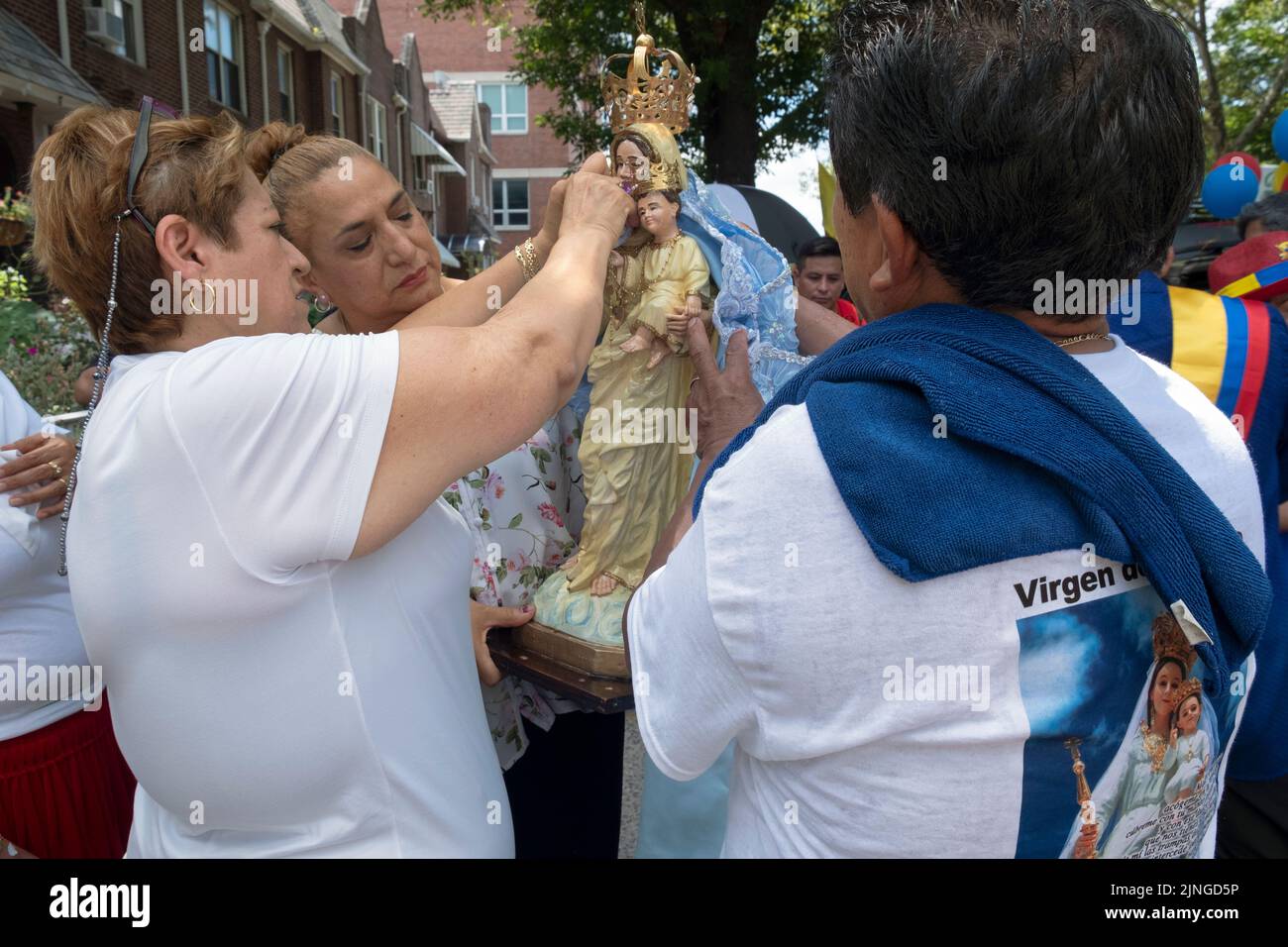 Devotees of the Virgin of the Cloud & worshippers at the Blessed Sacrament Church prepare their float for the Ecuadorian Parade NYC 2022 in Queens NYC Stock Photo
