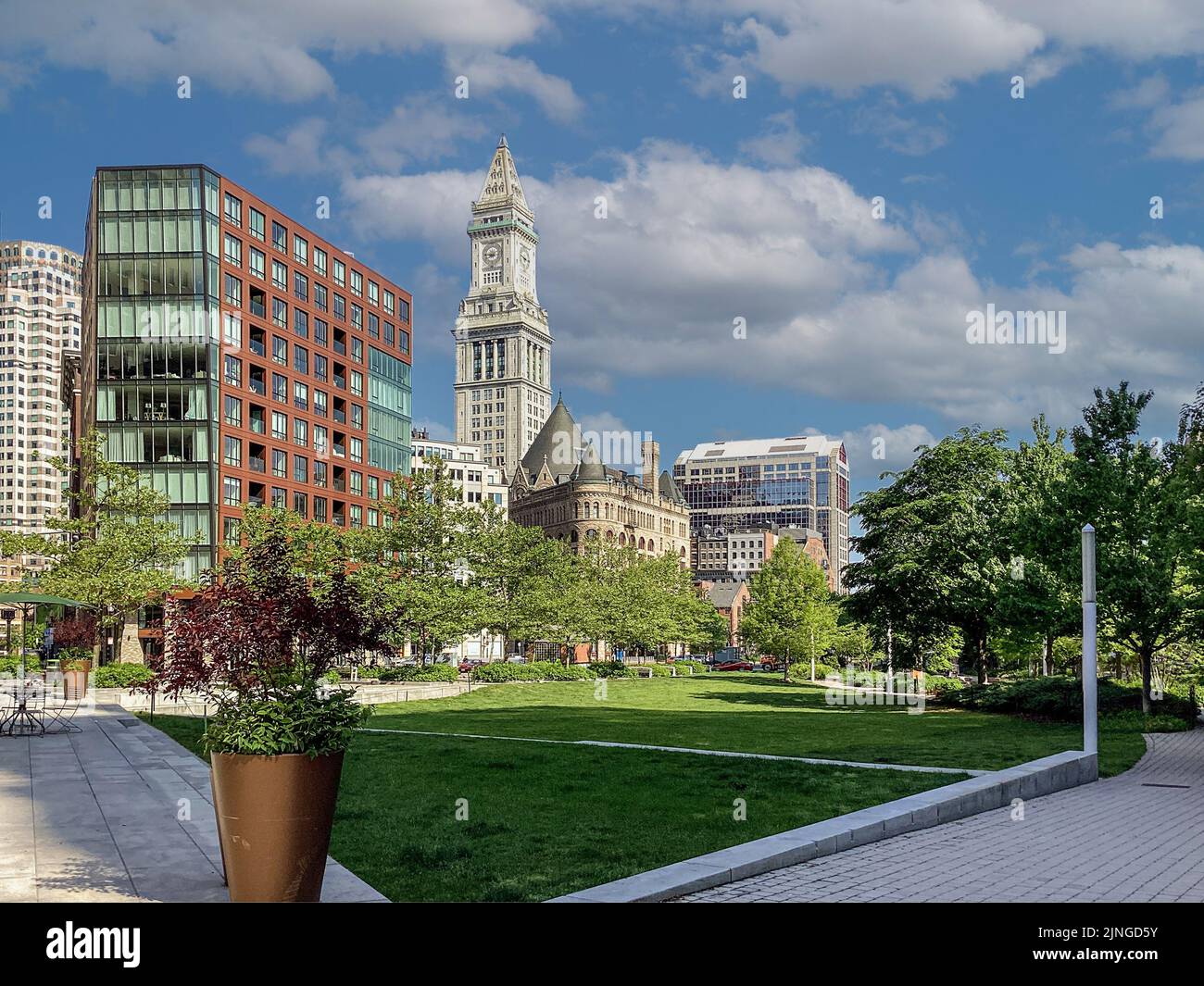 Boston Cityscape Skyline Panorama and the Rose Kennedy Greenway in Boston, Massachusetts Stock Photo