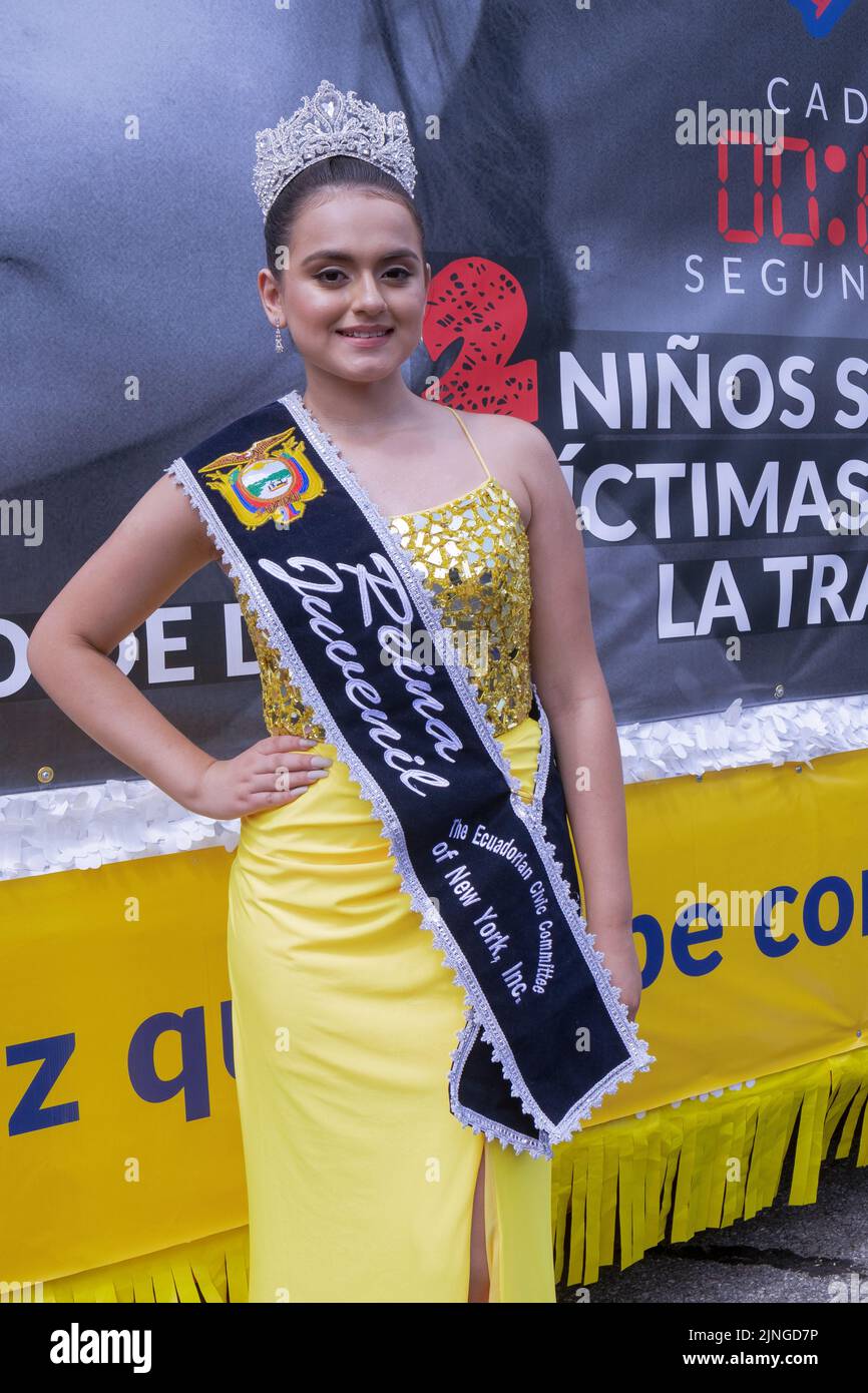 A pretty teen beauty queen of the Ecuadorian Civic Community of New York. At the Ecuadorian Parade NYC 2022 in Jackson Heights, Queens, New York. Stock Photo