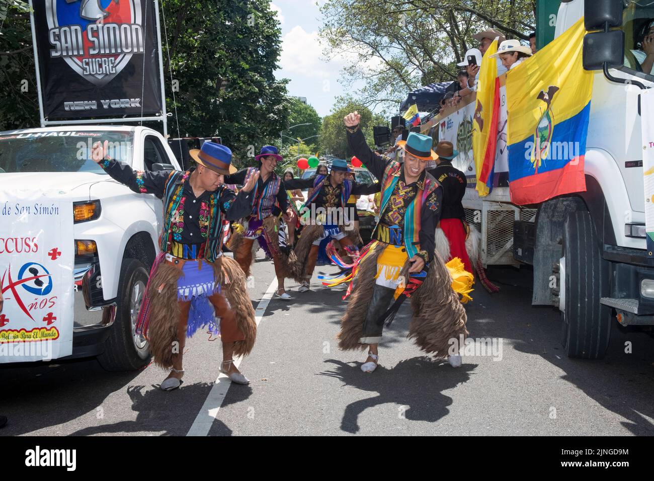 Members of the Nina Pakary dance troupe warm up prior to the Ecuadarian Parade NYC 2022 in Jackson Heights, Queens, New York. Stock Photo