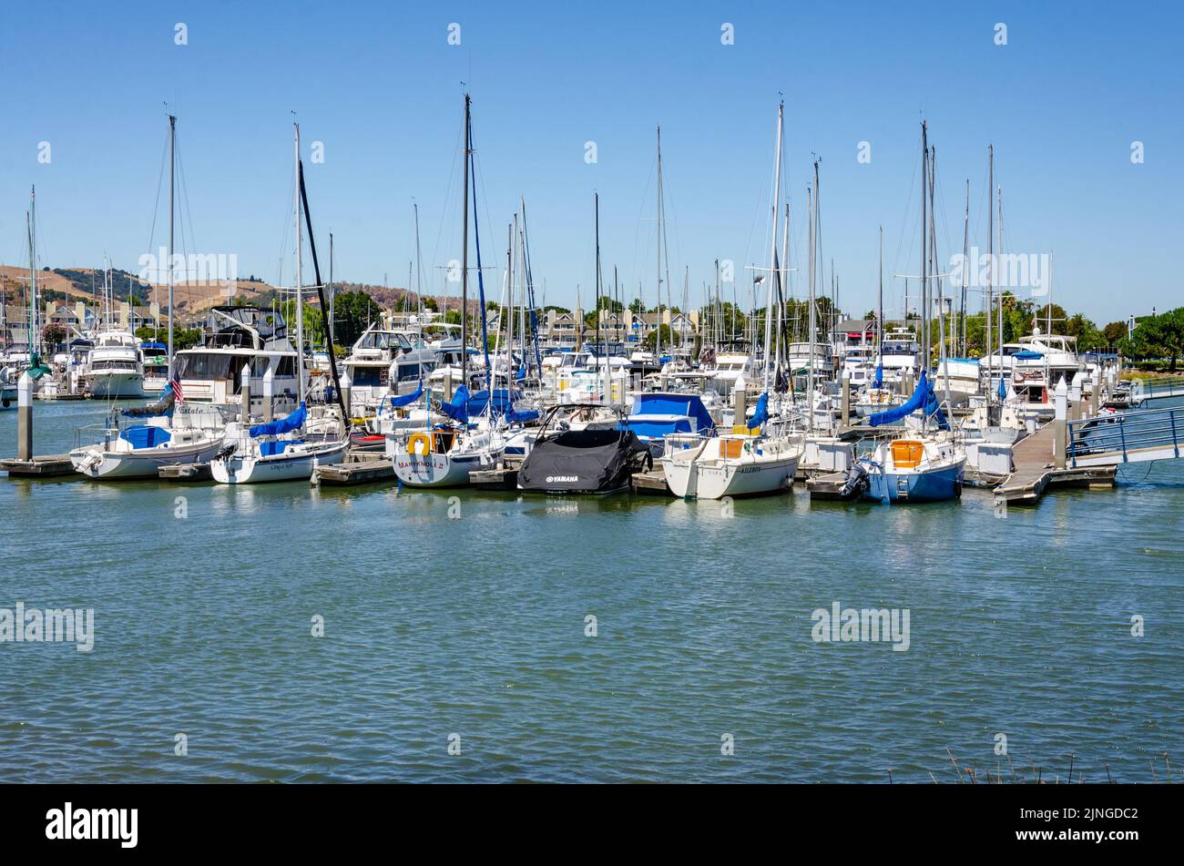 Pleasure boats moored against a pontoon in Benicia Marina in California, USA Stock Photo