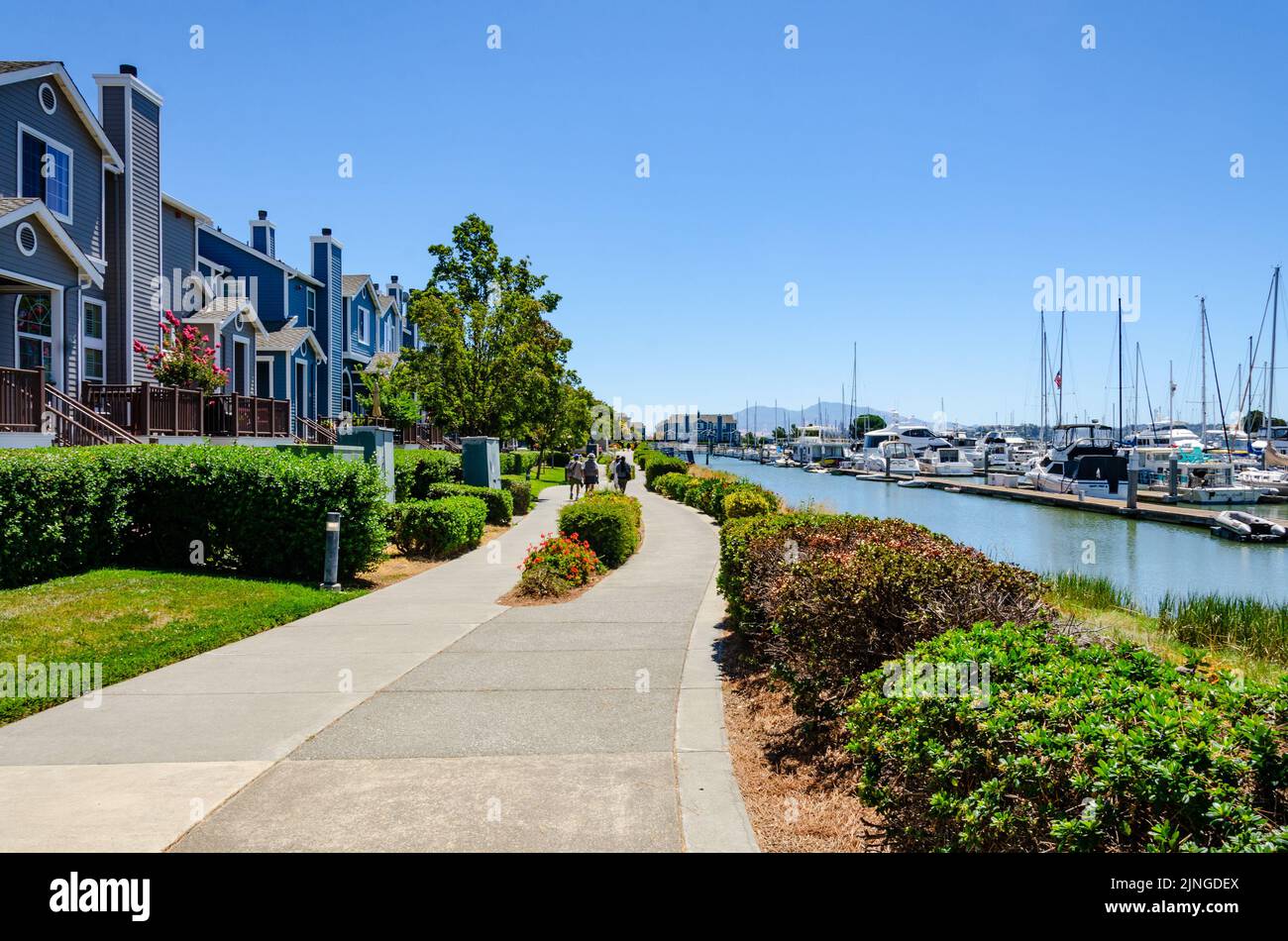 Footpath around the edge of Benicia Marina in California, USA past colourful blue houses and
