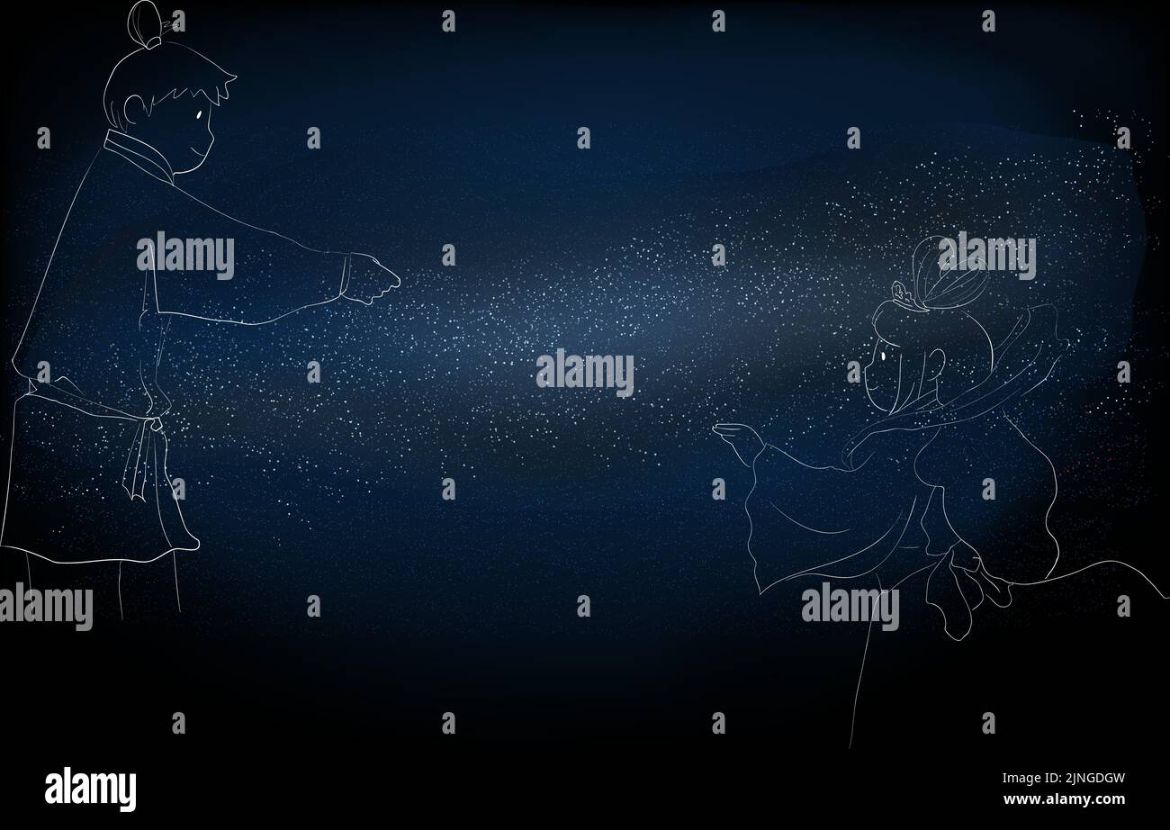 Illustration of Milky Way and Orihime and Hikoboshi of Tanabata Stock Vector