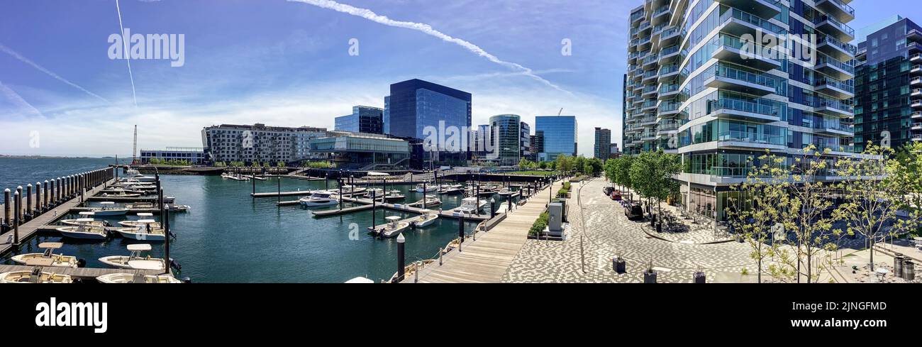 Wharf Walk along The Seaport/Innovation District in the South Boston neighborhood in Boston, Massachusetts Stock Photo