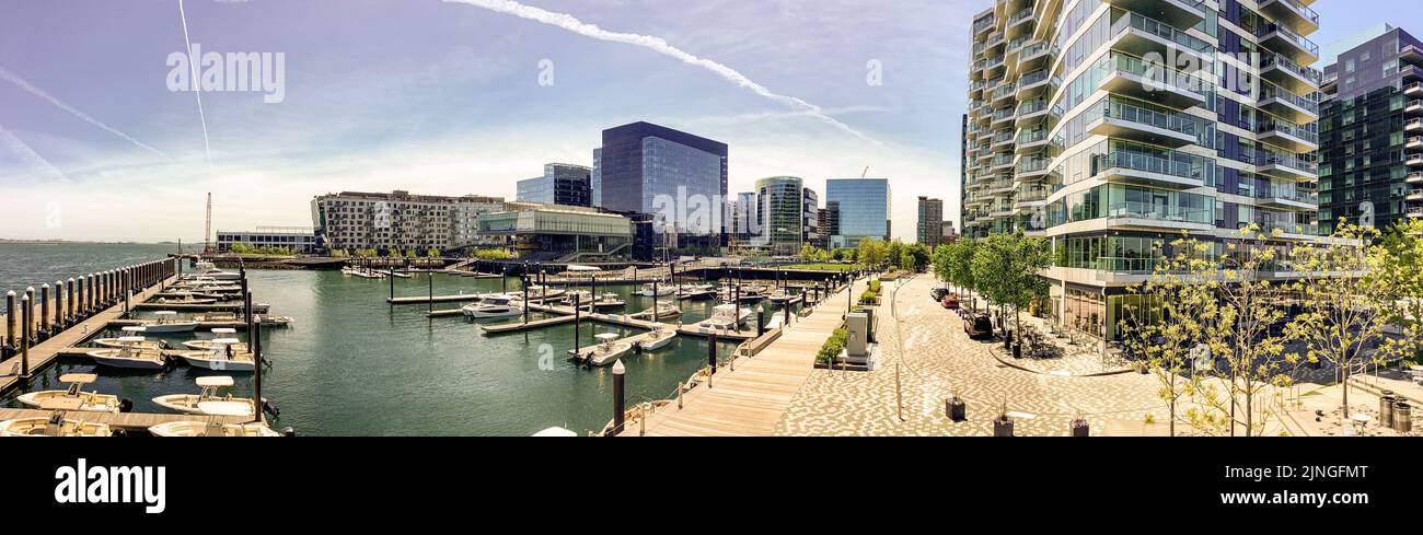 Wharf Walk along The Seaport/Innovation District in the South Boston neighborhood in Boston, Massachusetts Stock Photo