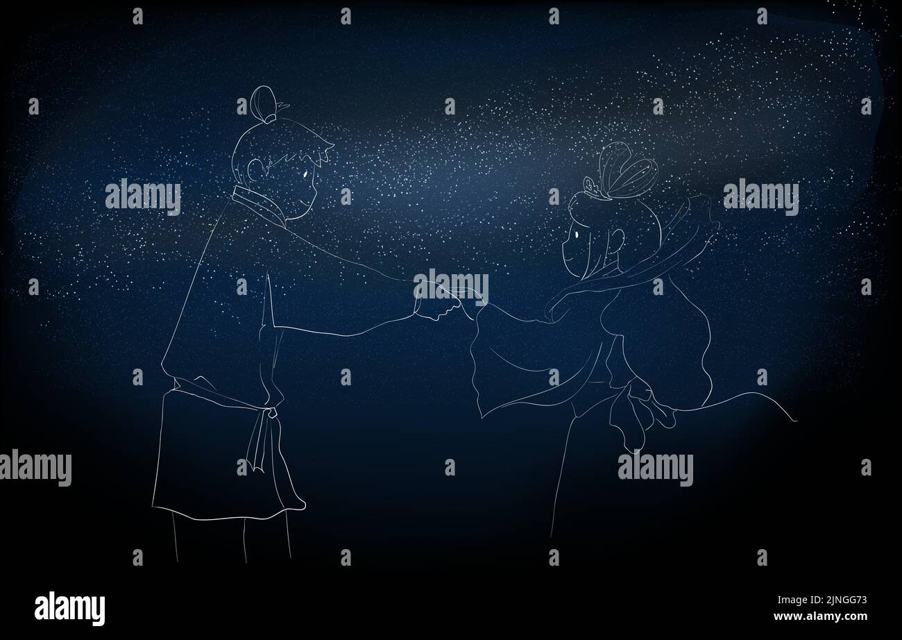 Illustration of Milky Way and Orihime and Hikoboshi of Tanabata Stock Vector