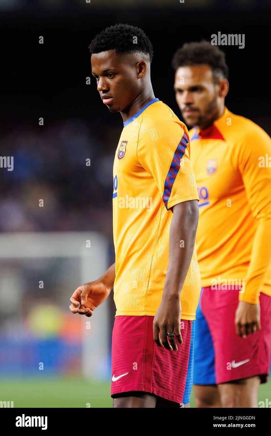 BARCELONA - MAY 10: Ansu Fati warms up prior to the La Liga match between FC Barcelona and Real Club Celta de Vigo at the Camp Nou Stadium on May 10, Stock Photo