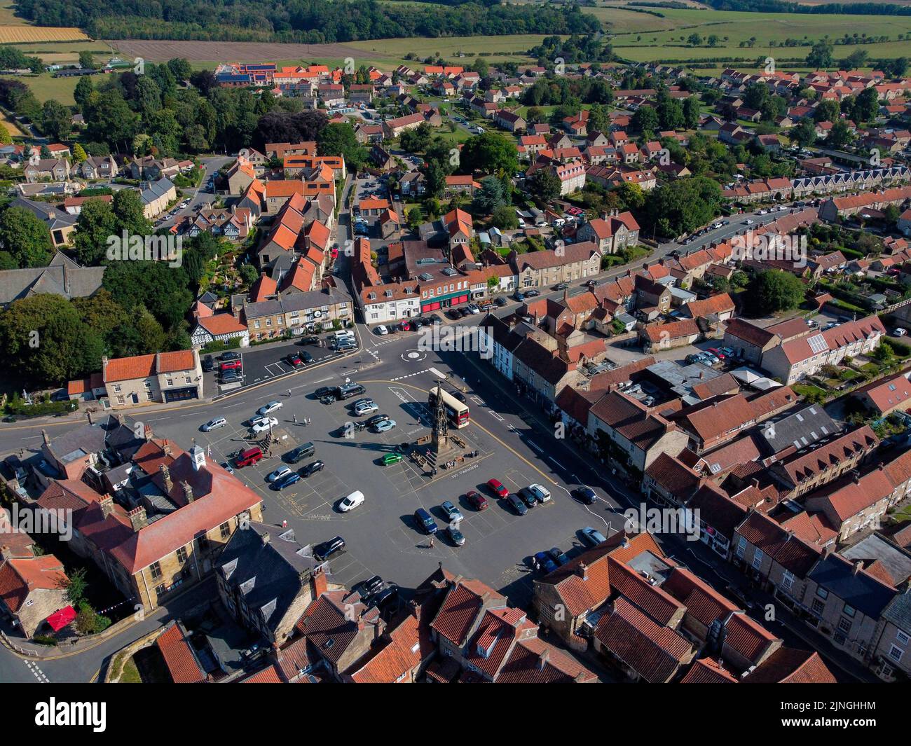 Aerial view of the village of Helmsley in the Ryedale District of North Yorkshire, United Kingdom. Stock Photo
