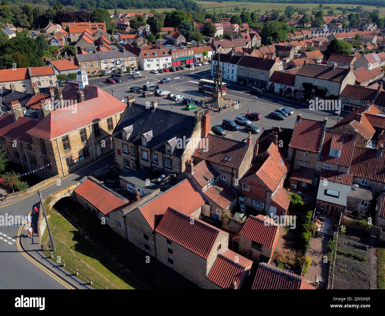 Aerial view of the village of Helmsley in the Ryedale District of North Yorkshire, United Kingdom. Stock Photo