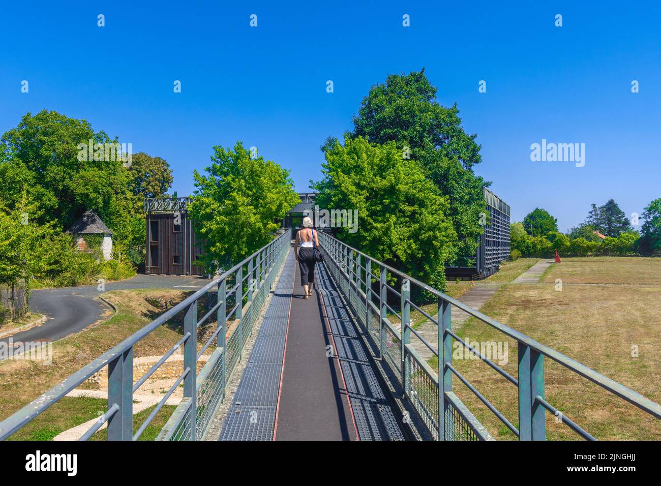Elevated walkway to the Argentomagus Archeological Museum, Saint-Marcel, Indre (36), France. Stock Photo