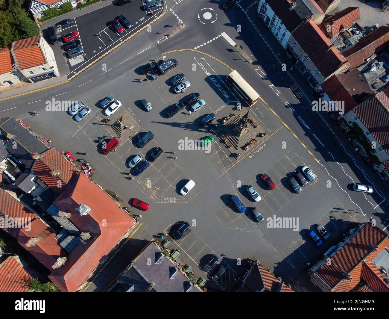Aerial view of the main square in the village of Helmsley in the Ryedale District of North Yorkshire, United Kingdom. Stock Photo