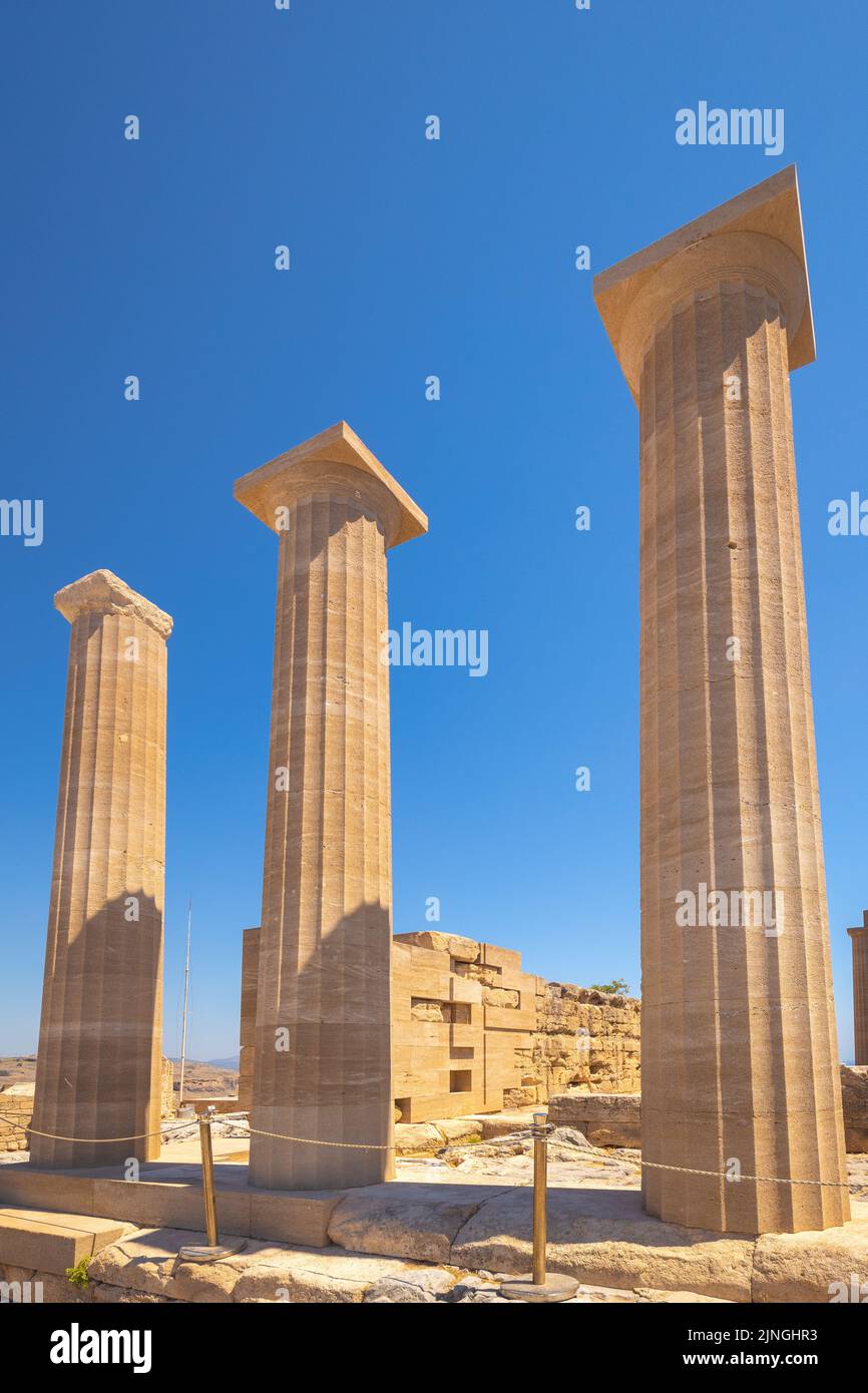 Acropolis of Lindos, the ruins of the Temple of Athena Lindia, Rhodes island, Greece, Europe. Stock Photo