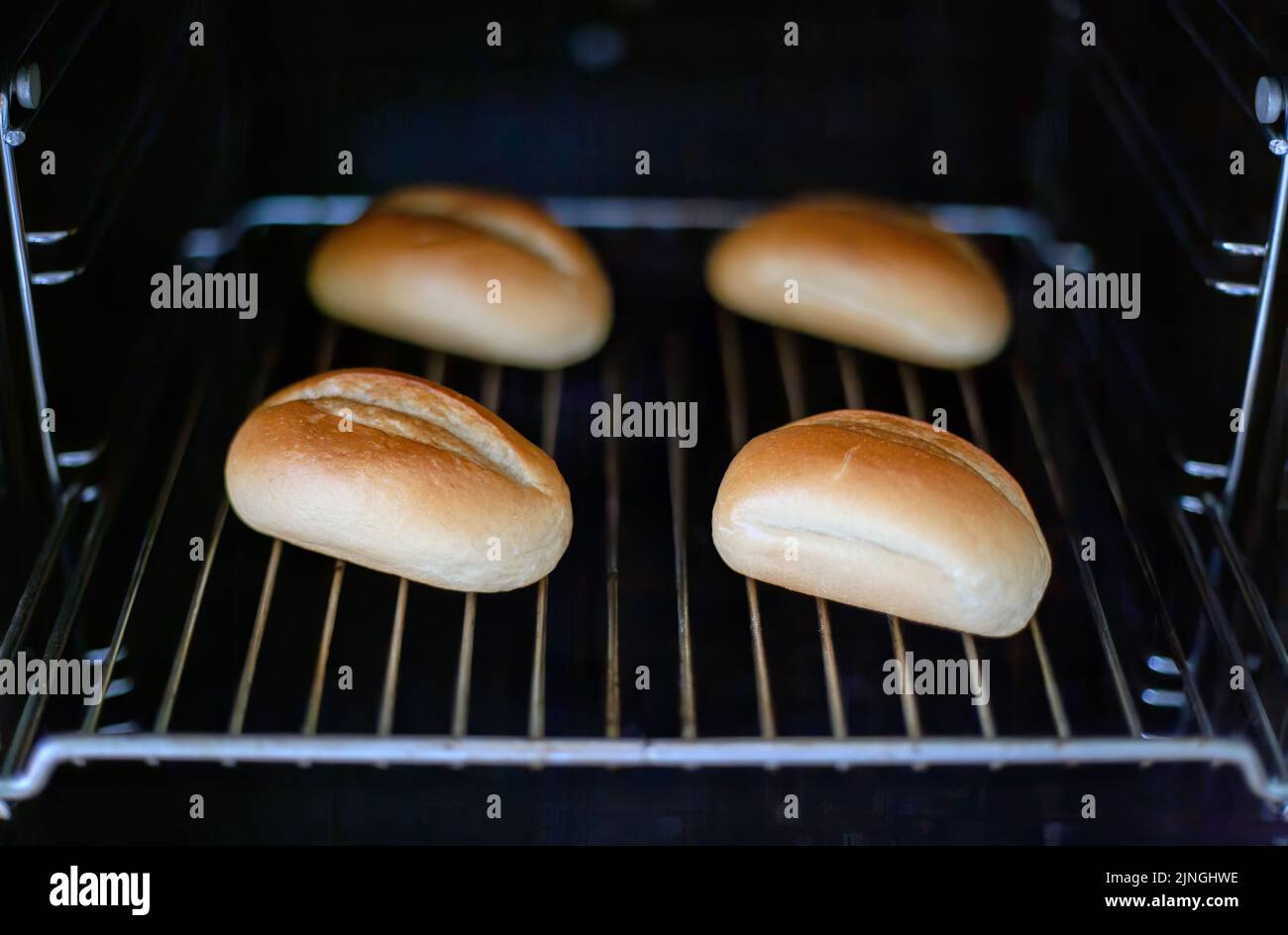 close-up of fresh made rolls in an oven Stock Photo