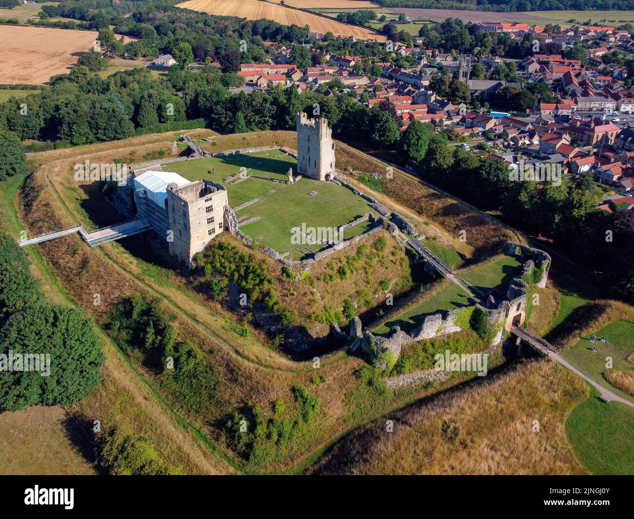 Aerial view of Helmsley Castle  in the village of Helmsley in the Ryedale District of North Yorkshire, United Kingdom. Stock Photo