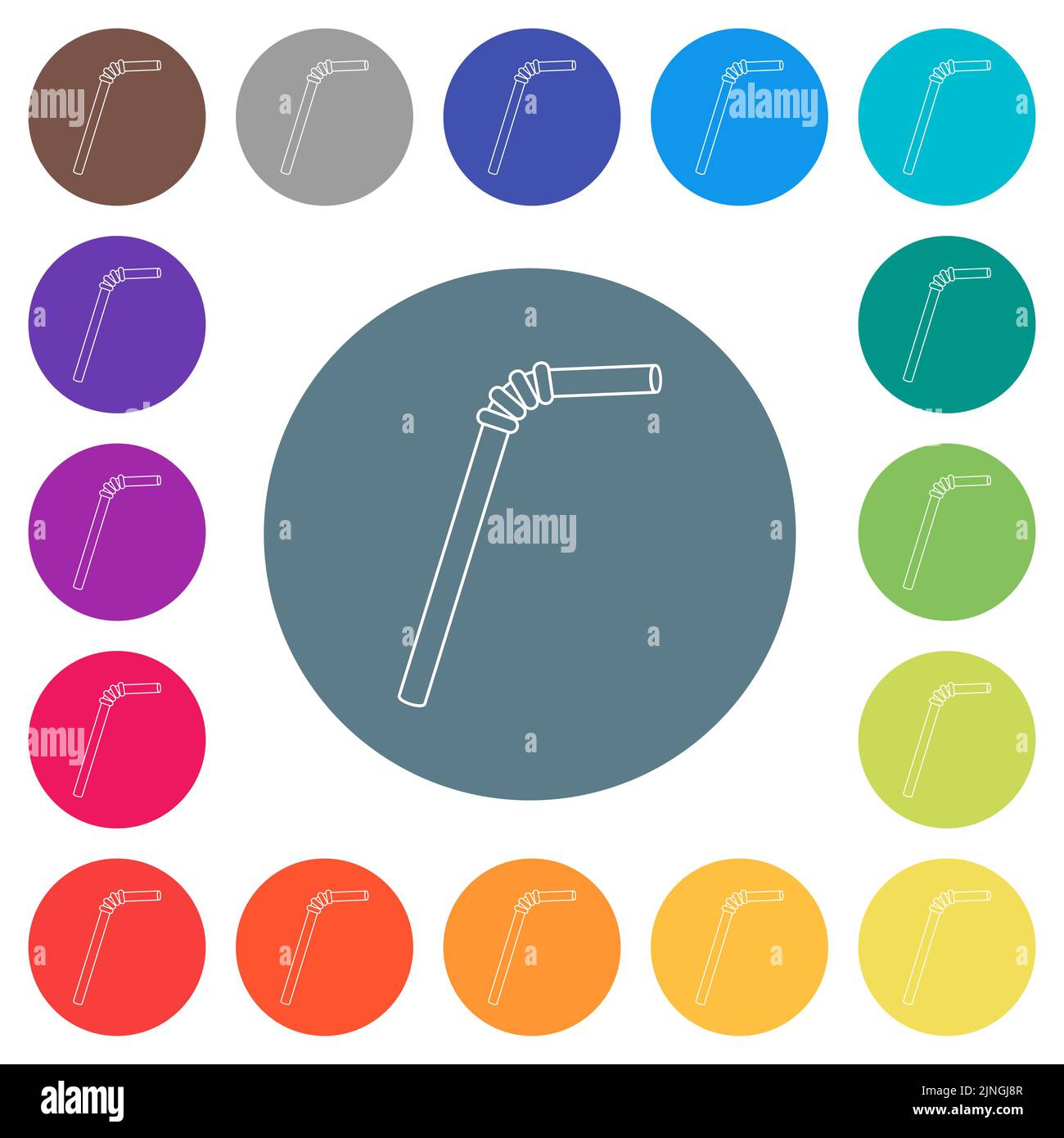 Single drinking straw outline flat white icons on round color
