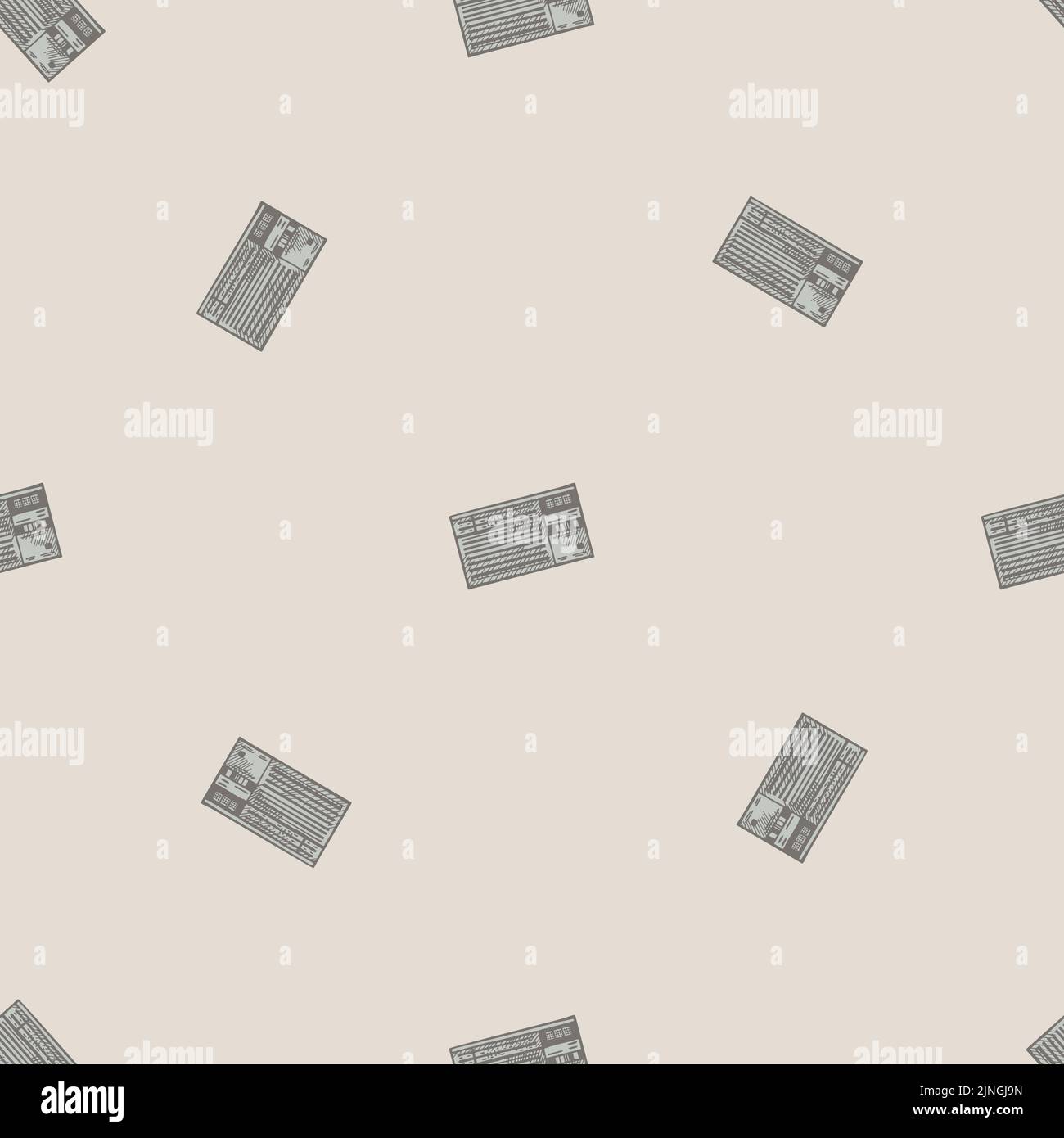 Retro radio engraved seamless pattern. Vintage media equipment in hand