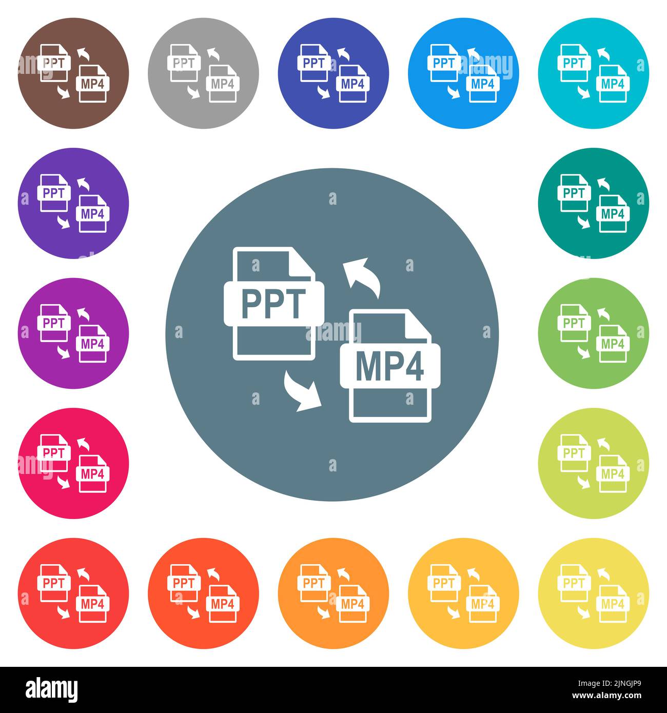 PPT MP4 file conversion flat white icons on round color backgrounds. 17 ...