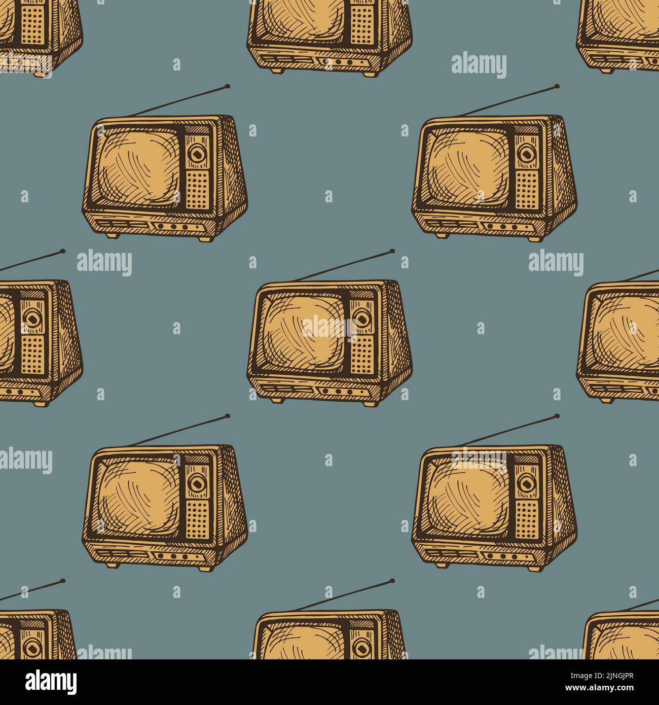 Retro TV engraved seamless pattern. Vintage television with antenna in ...