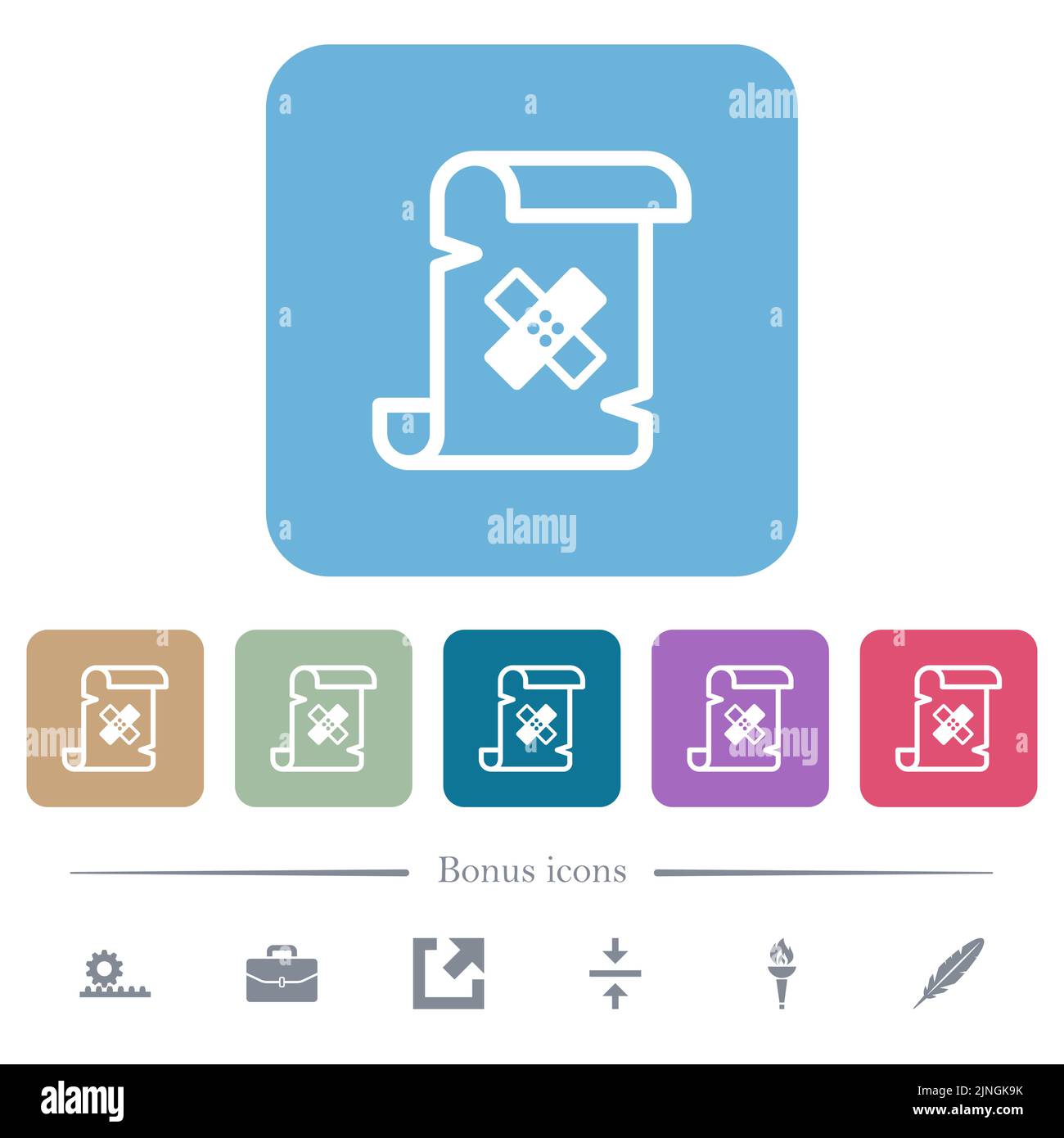 Script patch white flat icons on color rounded square backgrounds. 6 bonus icons included Stock Vector